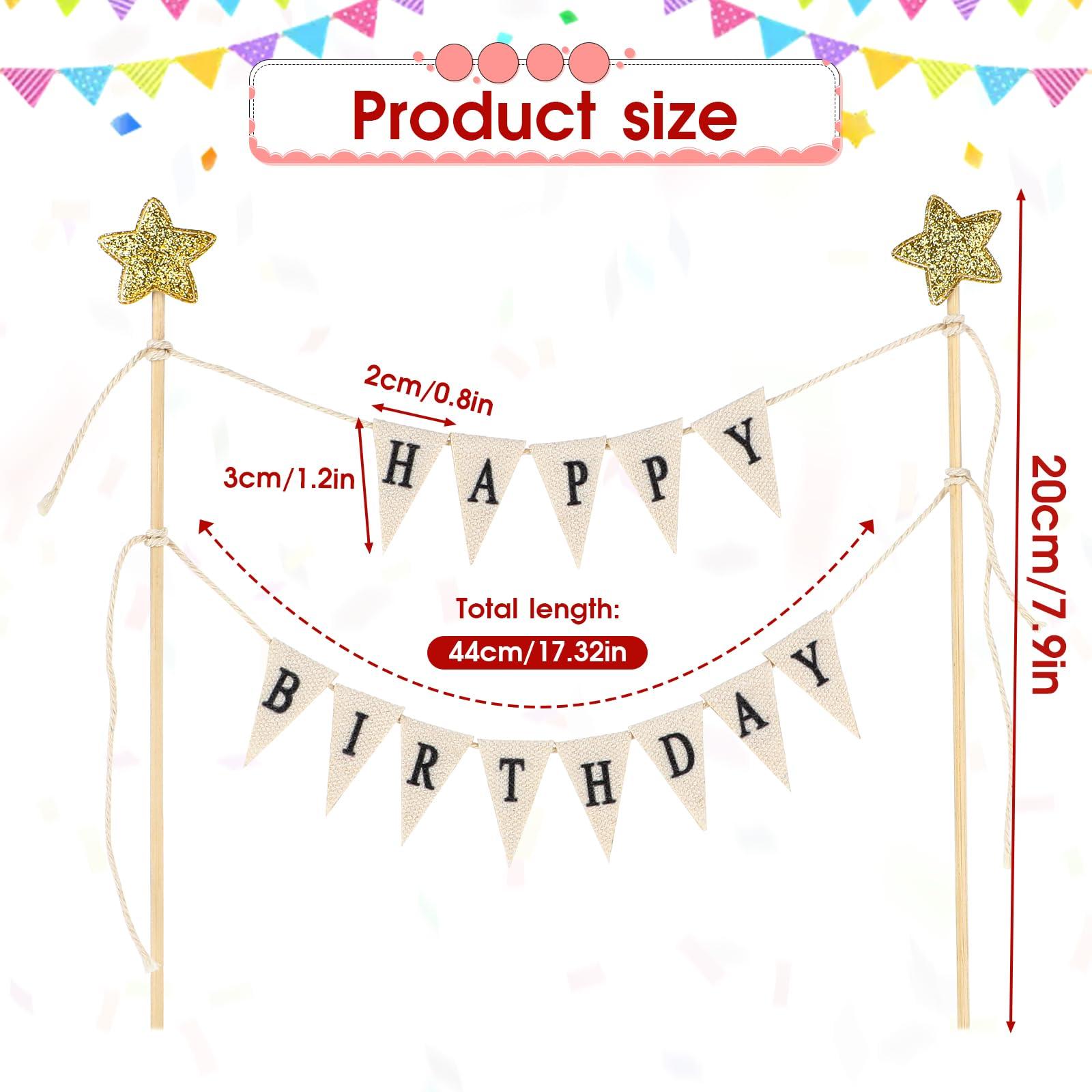 Aeaocvo Happy Birthday Cake Banner Personalized Birthday Cake Toppers, Handmade Linen Pennant Flags with 7.9 in Bamboo Polls, Birthday Party Decoration Supplies for Cakes Cupcakes