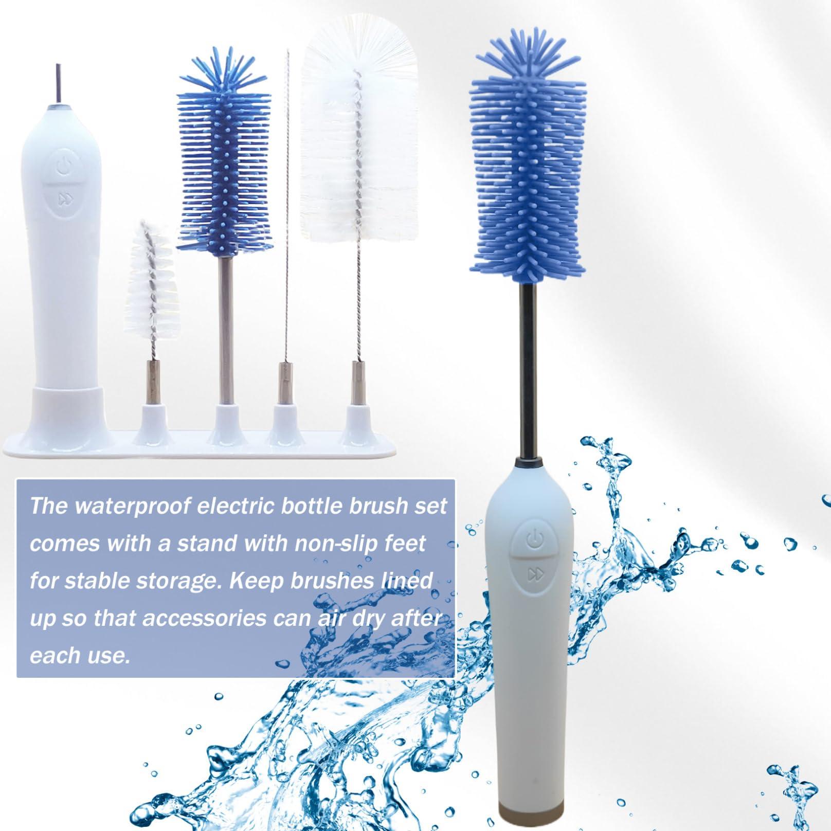 Pineeseatile Bottle Cleaner Brush Set Electric Bottle Brush Cleaner with Anti-Slip Stand, Waterproof Safe Baby Bottle Washer with 4 Replacement Heads, Reusable Bottle Cleaner Brush Set