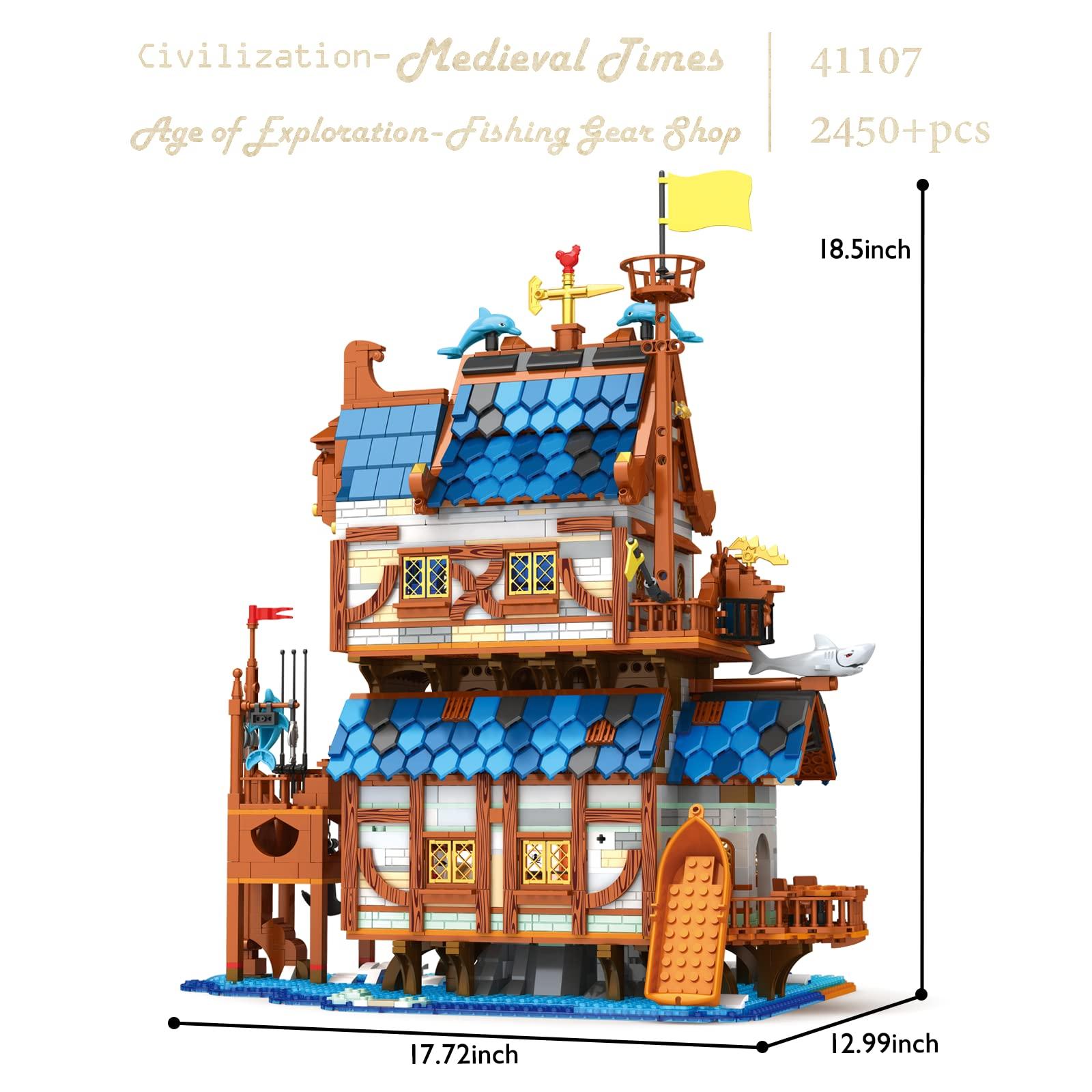 JMBricklayer JMBricklayer Medieval Fishing Shop Building Sets for Adults, LED Lighting Kit Creative Fishing Gear Store Castle House Model Toy, Collectible or Home Display, Ideas Gifts for Boys Girls 41107