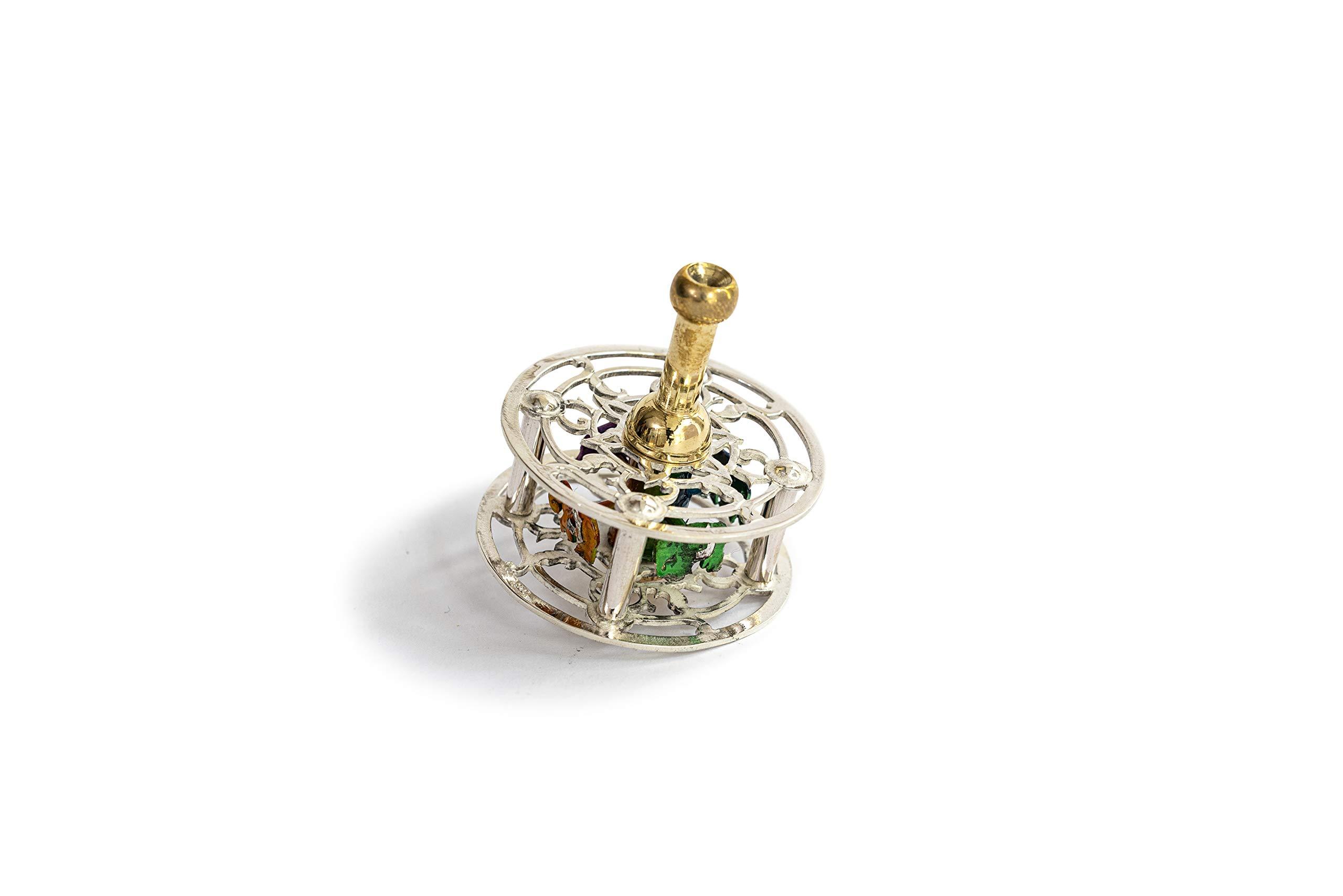 NADAV ART Special Hanukkah dreidel made of sterling silver with magnificent colorful cold enamel colors & brass Handle and Stand Elephant Shape inside