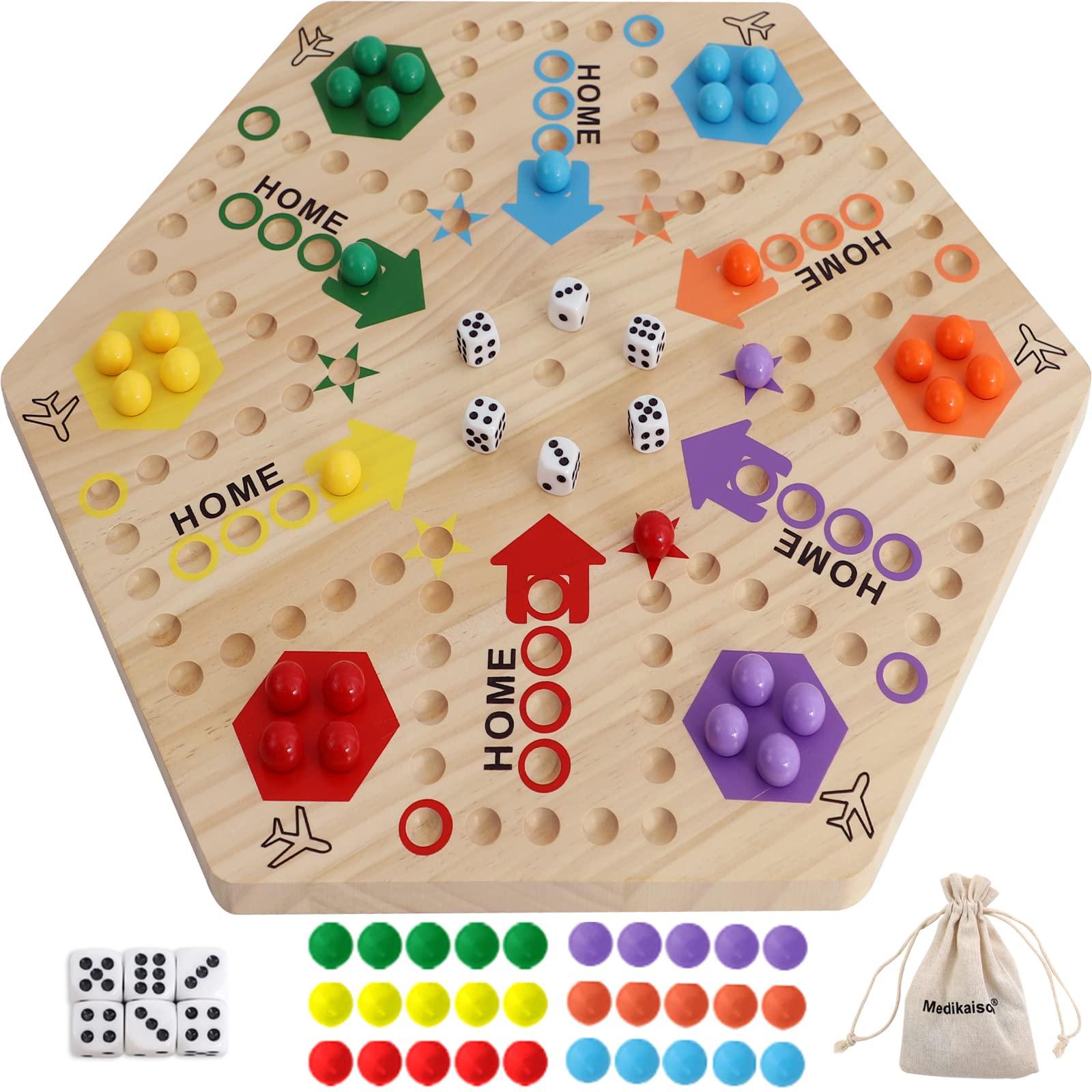 Medikaison Medikaison Large Size Original Marble Game Solid Wood 20 inch Wahoo Board Game Double Sided Painted Wooden Fast Track for 6 and 4 Players 6 Colors 24 Marbles 6 Dice for Family Friend