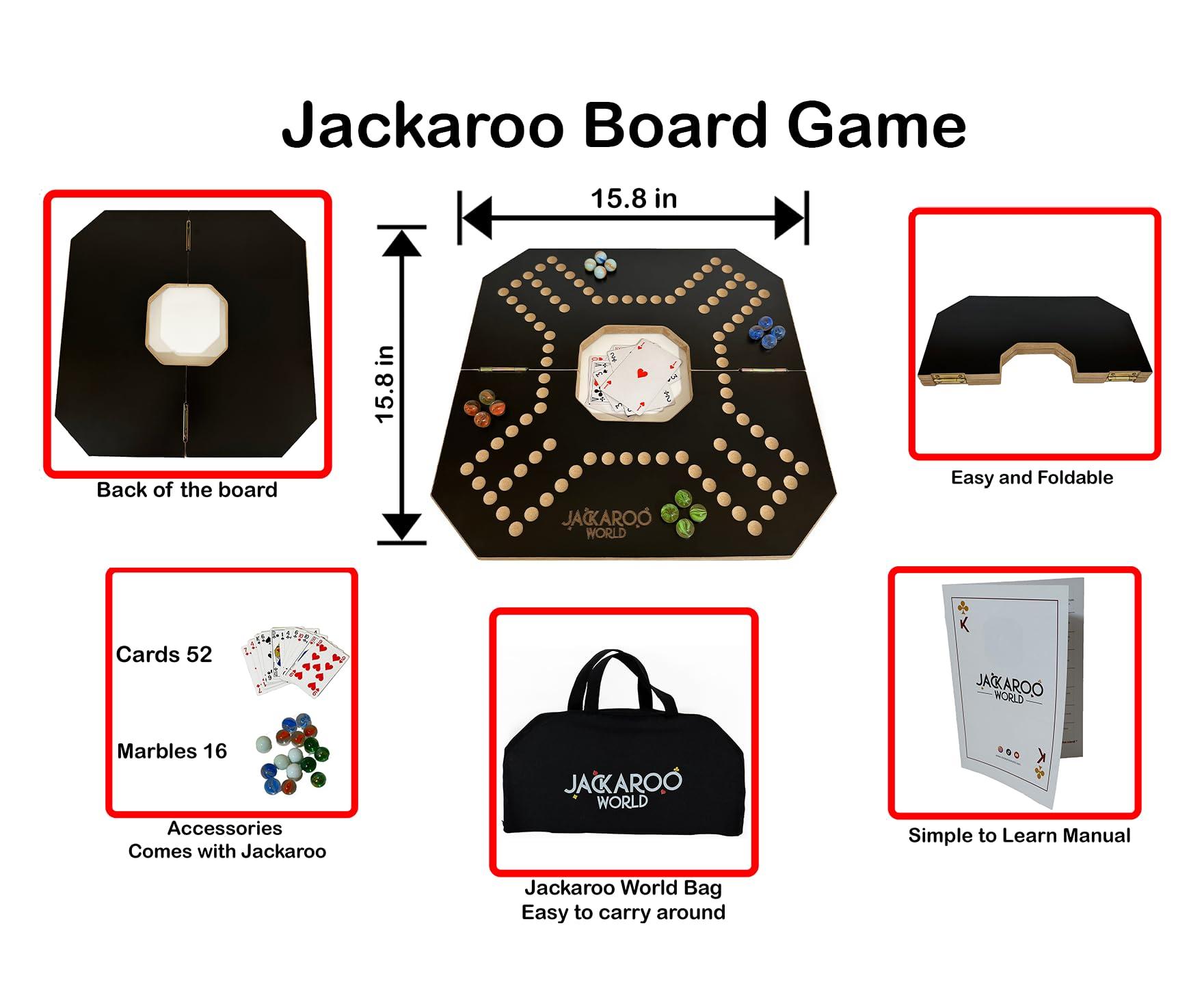 Jackaroo World Jackaroo Board Game - 2-4 Player Cards and Marbles Board Game - Marble Chase Game - Joker Game Board with Marbles - Marbles and Jokers Board Game Wooden Board Foldable and Open in The Middle (Black)