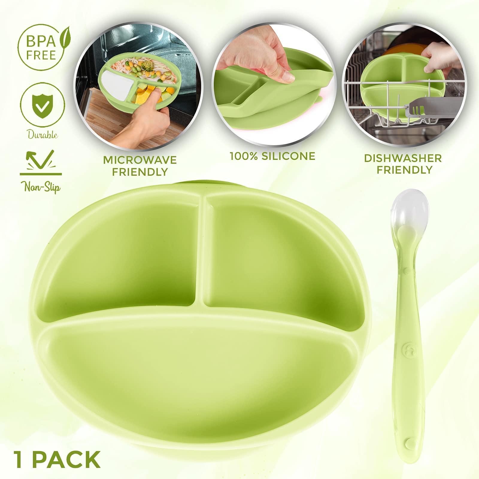 Sperric Silicone Suction Plate for Baby - 100% Food Grade Silicone Divided Plate | Toddler Self Feeding Training Suction Plate Set | BPA-Free, Microwave & Dishwasher Safe Stay Put Plates (Sage)