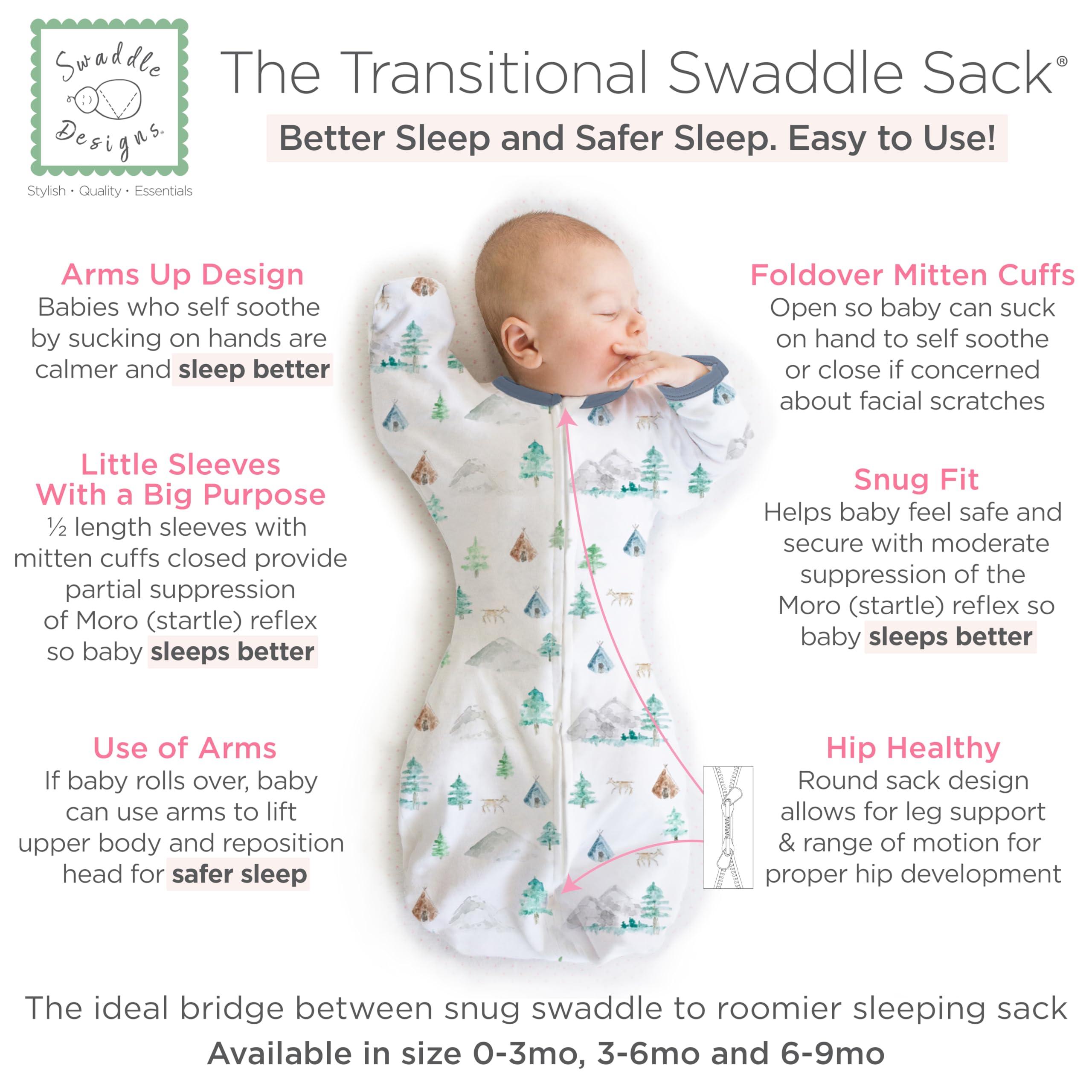 SwaddleDesigns SwaddleDesigns Transitional Swaddle Sack, Arms Up Half-Length Sleeves & Mitten Cuffs, Swaddle for Newborn Transition to Baby Sleep Sack Wearable Blanket, 3-6 mo, 14-21 lb, Watercolor Mountains & Trees