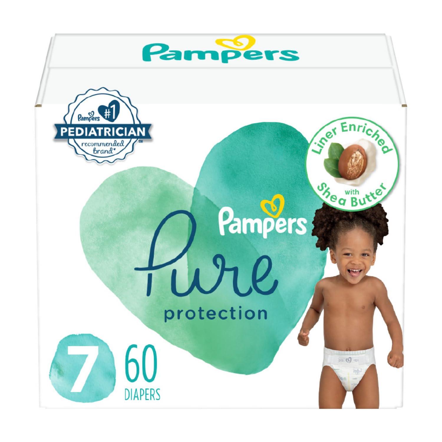 Pampers Pampers Baby Diapers - Pure Protection - Size 7, 60 Count, for up to 100% Leakproof, Premium Plant-based Skin Protection