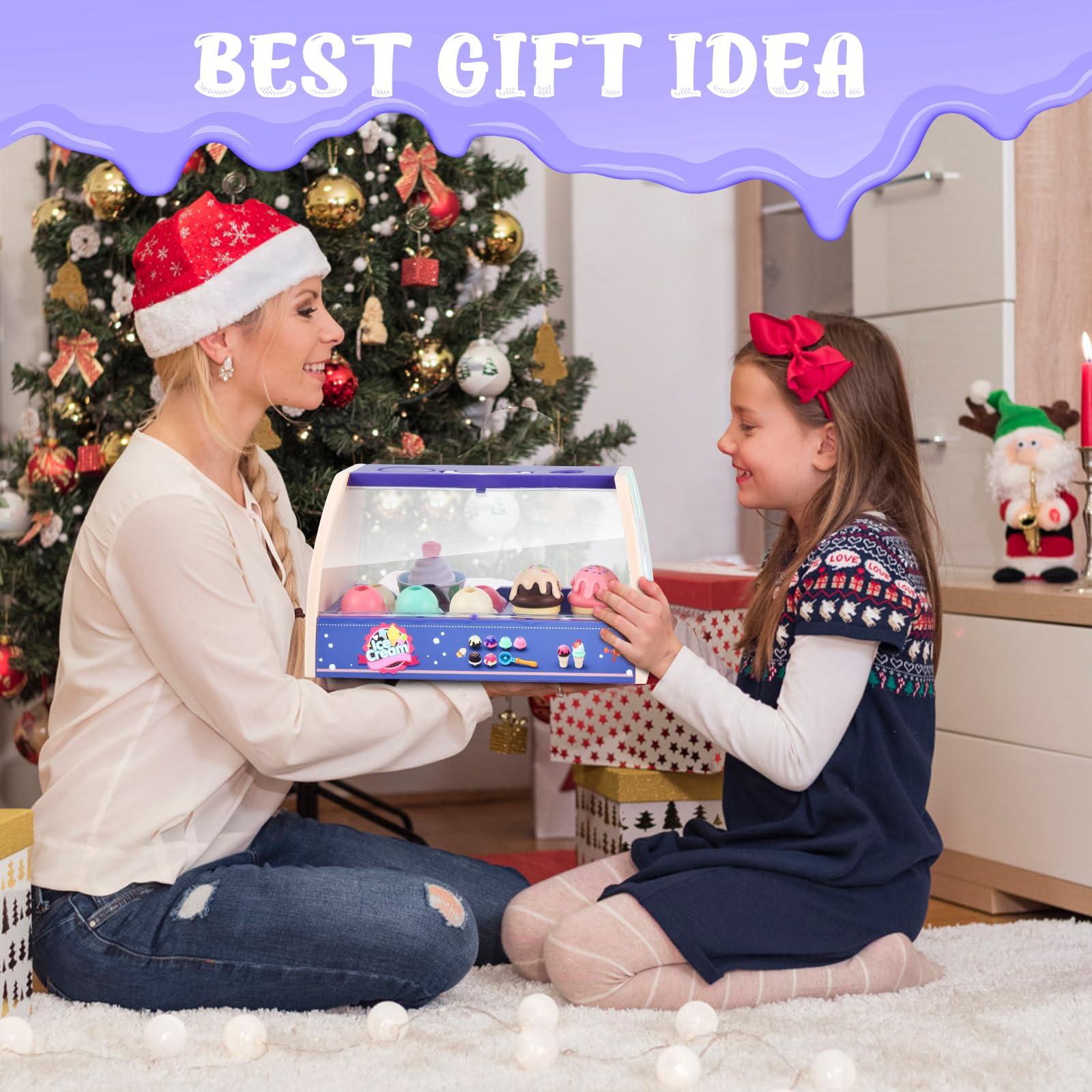 FRIEET Ice Cream Toys for Kids, Toddler Pretend Play Kitchen Food Accessories, Ice Cream Counter Playset, Pretend Food Toys for 3 4 5 6 Year Old Girls & Boys, Christmas Birthday Toys Gift for Kids