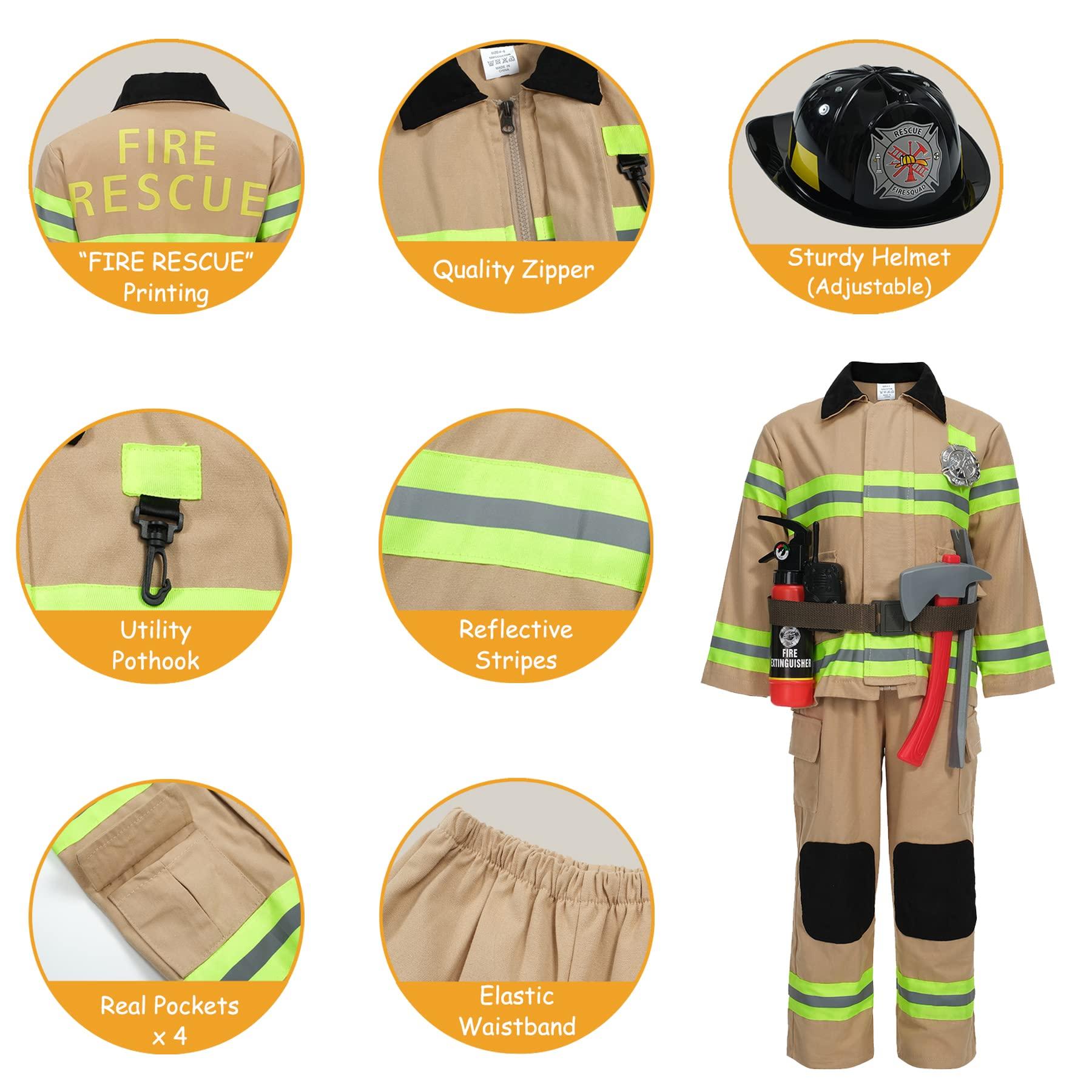 Kosgraiy Kosgraiy Firefighter Costume for Kids,Tan Fireman Costume for Boy and Girl,Kds Fire Chief Costume Outfit,Halloween,9pcs,Size S for Children 3-4Years