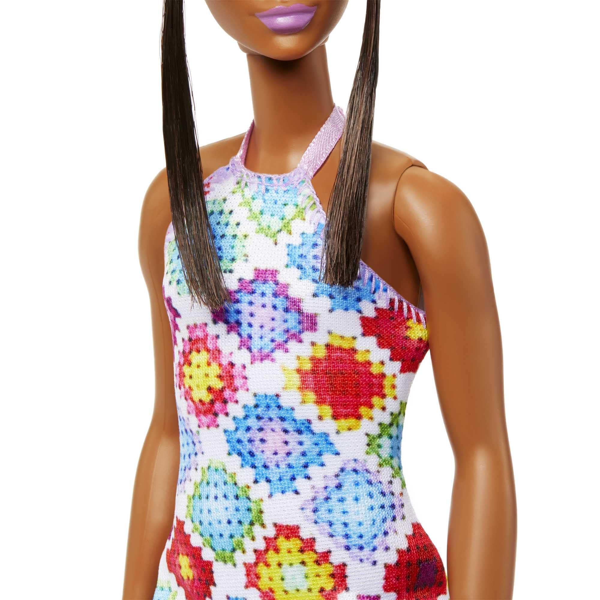 Barbie Barbie Fashionistas Doll #210 with Brunette Hair in Bun Wearing Removable Colorful Crochet Halter Dress, Sunglasses & Sandals
