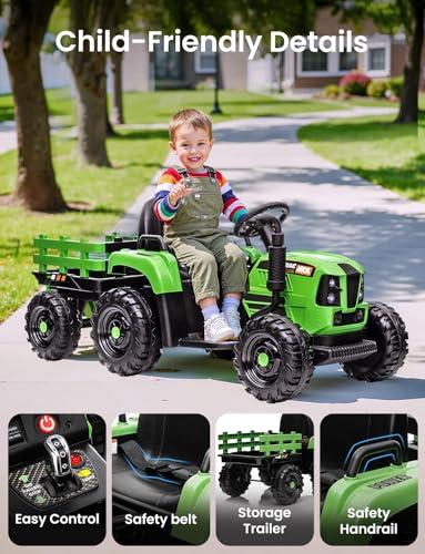 Feetice Tractor Toys, Ride on Tractor with Trailer, 24V 400W Powered Electric Tractor Remote Control, Music Bluetooth and USB Support, Electric Car for Kids, 3 Speed Adjustable, Two-Point Safety Belt, Green