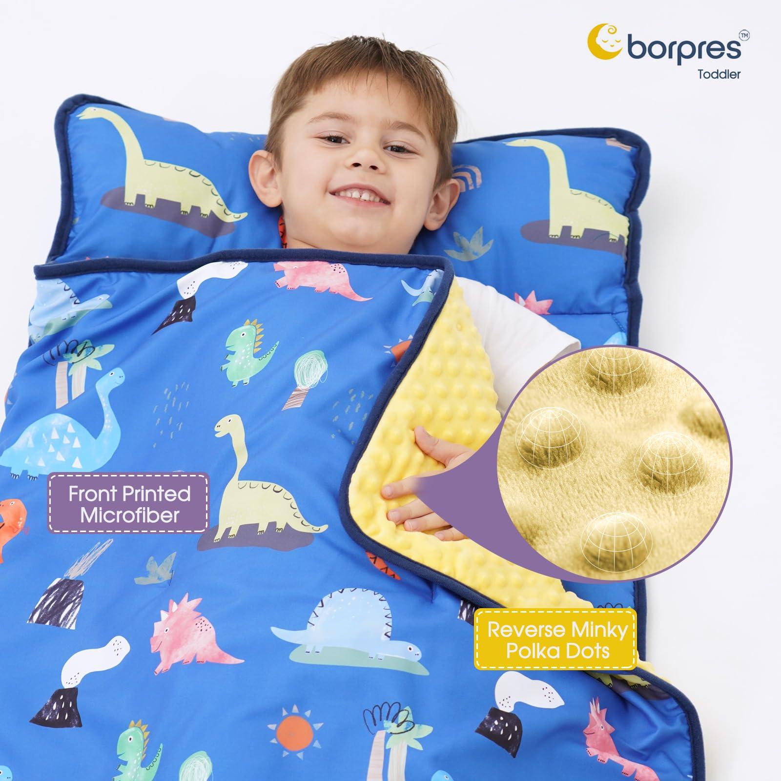 BORPRES Nap Mat with Pillow Blanket Set: Navy Dino Sleeping Mats for Toddler Kids - Thick Large Roll up Slumber Bag for Daycare Preschool Kindergarten Boys Girls