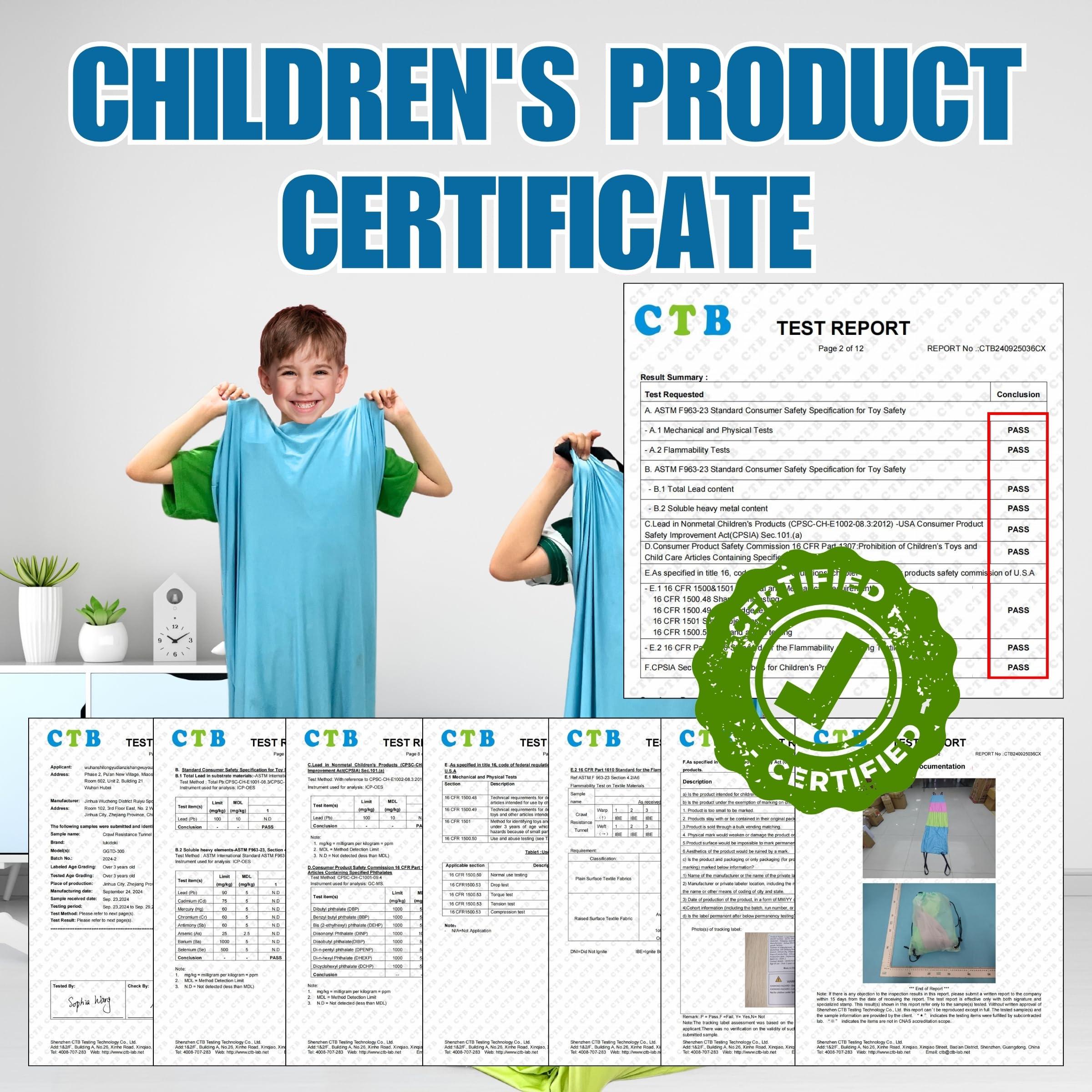 lukidoki Sensory Compression Tunnel for Kids Play with CPC Certification -10ft Crawl Resistance Tunnel Perfect for kids with Autism ADHD SPD - Ideal for Home & School, Help Children Calm, Relax, Reduce Anxiety