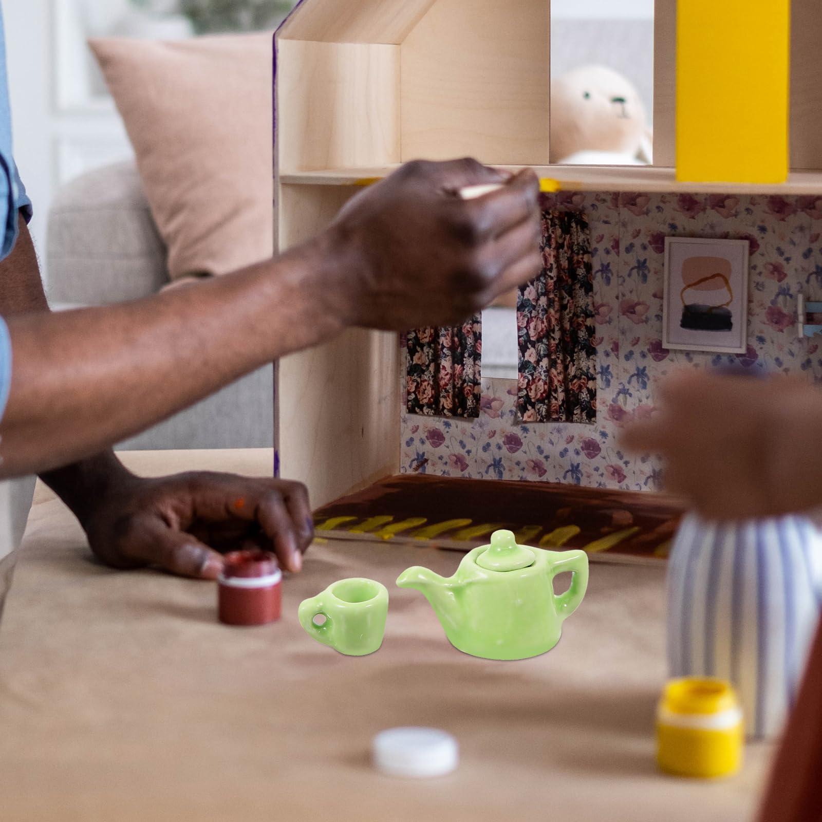 LOGOFUN LOGOFUN Miniature Tea Pot Tea Cups Set Mini Tea Pot Model 1:12 Scale Simulation Tea Cups Prop for Doll House Kitchen Accessories - Green