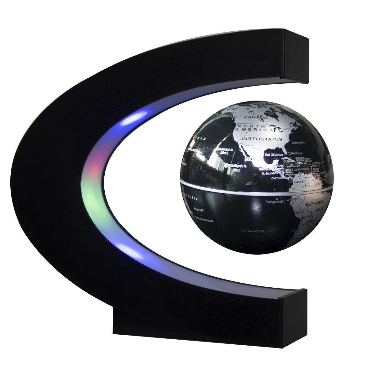 Senders Senders Floating Globe with LED Lights C Shape Magnetic Levitation Floating Globe World Map for Desk Decoration (Black-Silver)