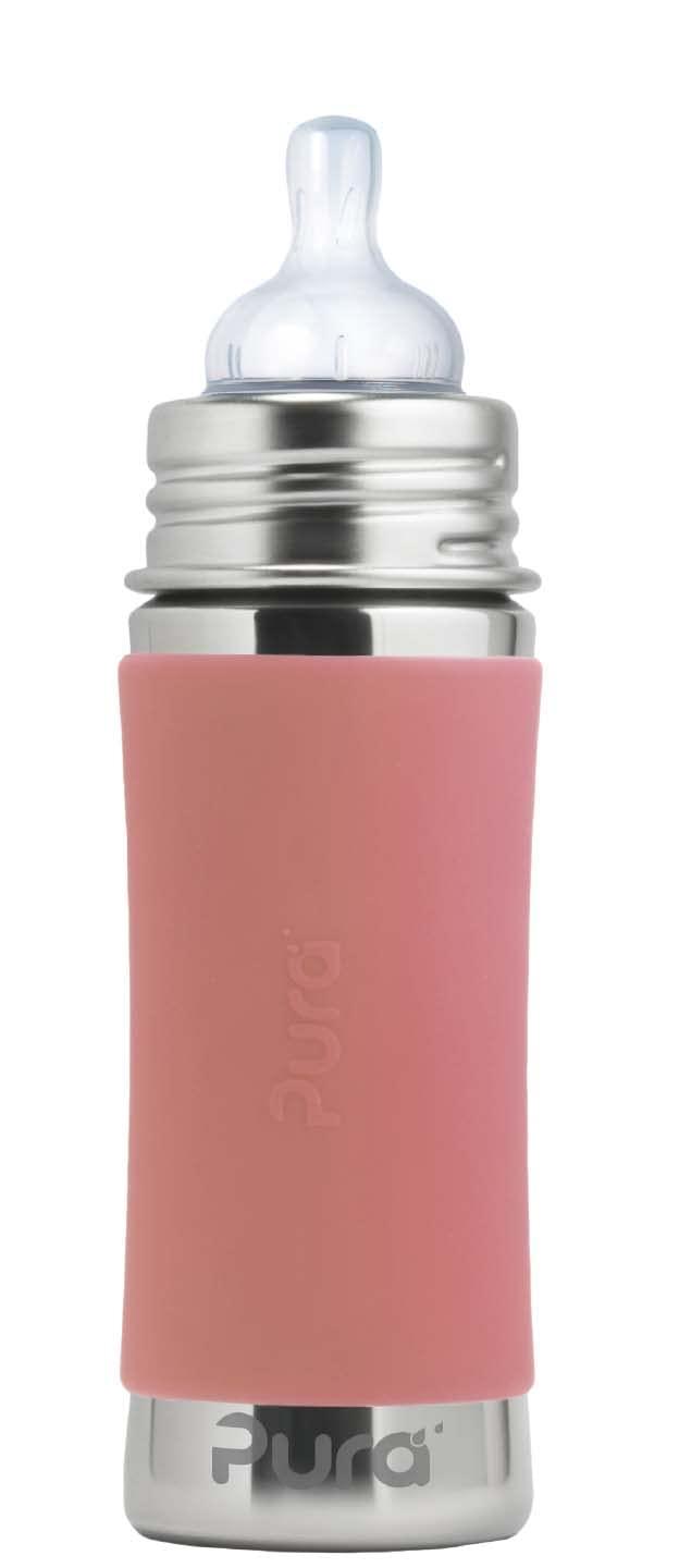 Pura Pura Kiki 9oz/275ml Stainless Steel Infant Bottle w/Sleeve, Anti-Colic, 100% Plastic-Free, MadeSafe Certified, Medical-Grade Silicone, Medium-Flow Nipple, for Babies 3 Months & Up (Rose)