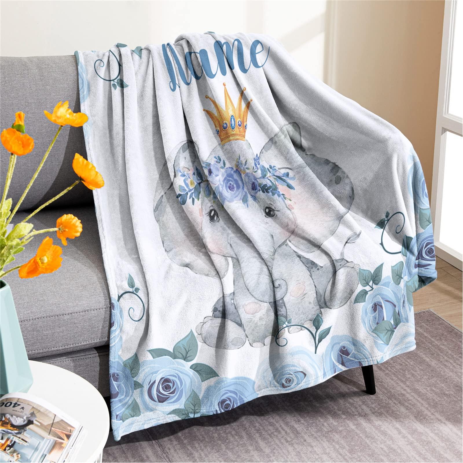 KAINSY KAINSY Personalized Elephant Baby Throw Blanket for Boys Girls Custom Name Nursery Bed Blankets for Newborn Kids Birthday Gifts, Blue, 30 x 40inch