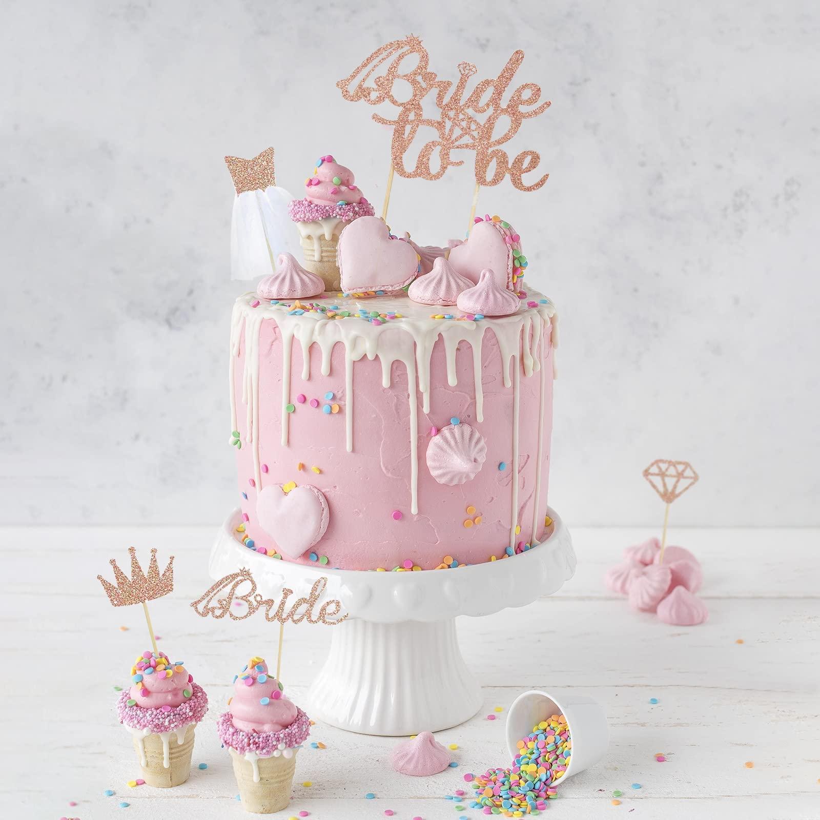 Heyiminy 17-Pcs Bride to Be Cake and Cupcake Toppers Set - Rose Gold Glitter Bridal Gown, Crown Designs Cake Decorations for Wedding, Engagement, Bridal Shower- Miss to Mrs Cake Topper for Bachelorette Party