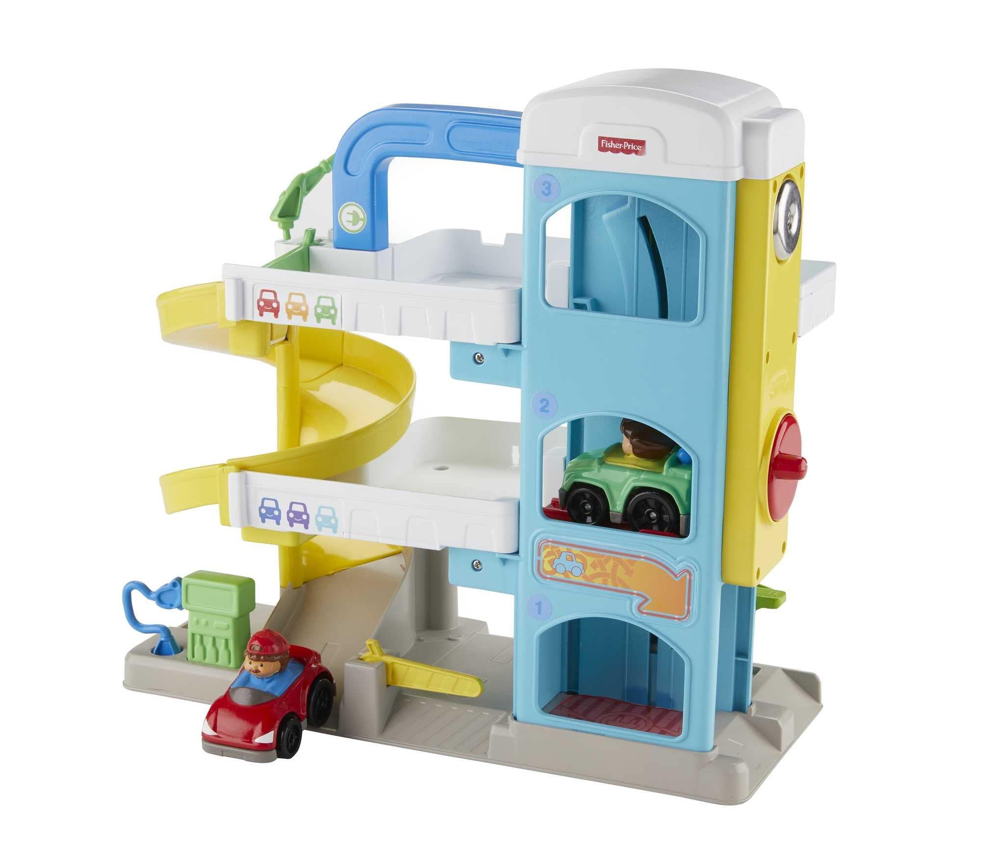Fisher-Price Fisher-Price Little People Toddler Toy Helpful Neighbors Garage Playset with Spiral Ramp & 2 Cars for Pretend Play Ages 18+ Months