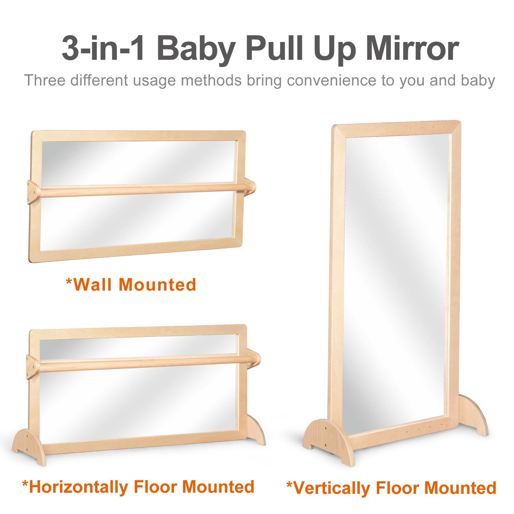 KRAND KRAND 3-Position Montessori Wood Frame Non-Shatter Safety Pull Up Bar Baby Big Mirror Set, Infant Coordination Mirror, Kids Classroom Furniture for Daycare, Homeschool or Preschool