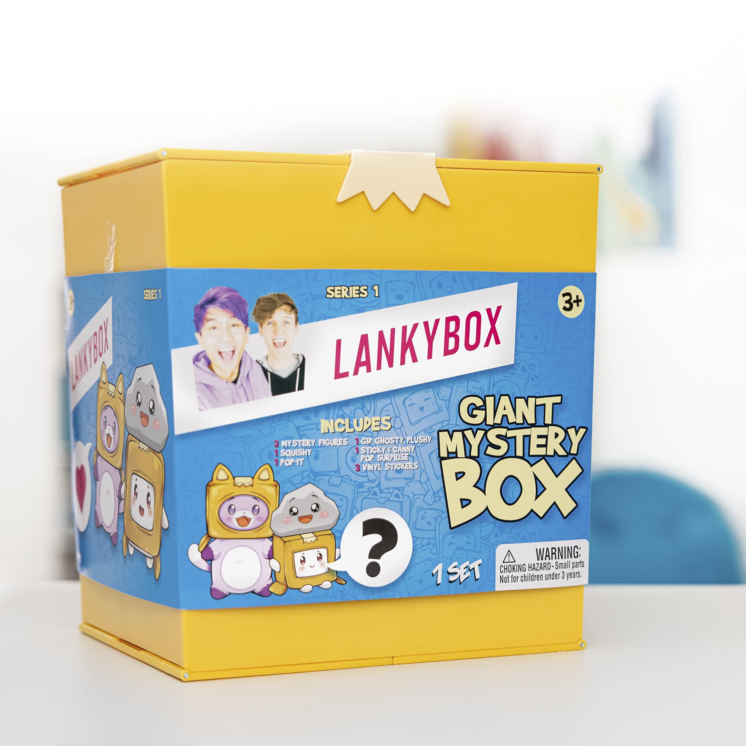 LankyBox LankyBox Giant Mystery Box: Wearable Boxy case, 2 Figures, one 6 Glow-in-The-Dark Plush, a Squishy , pop-it Fidget Toy, Canny with pop-Out Sticky, and 3 Stickers