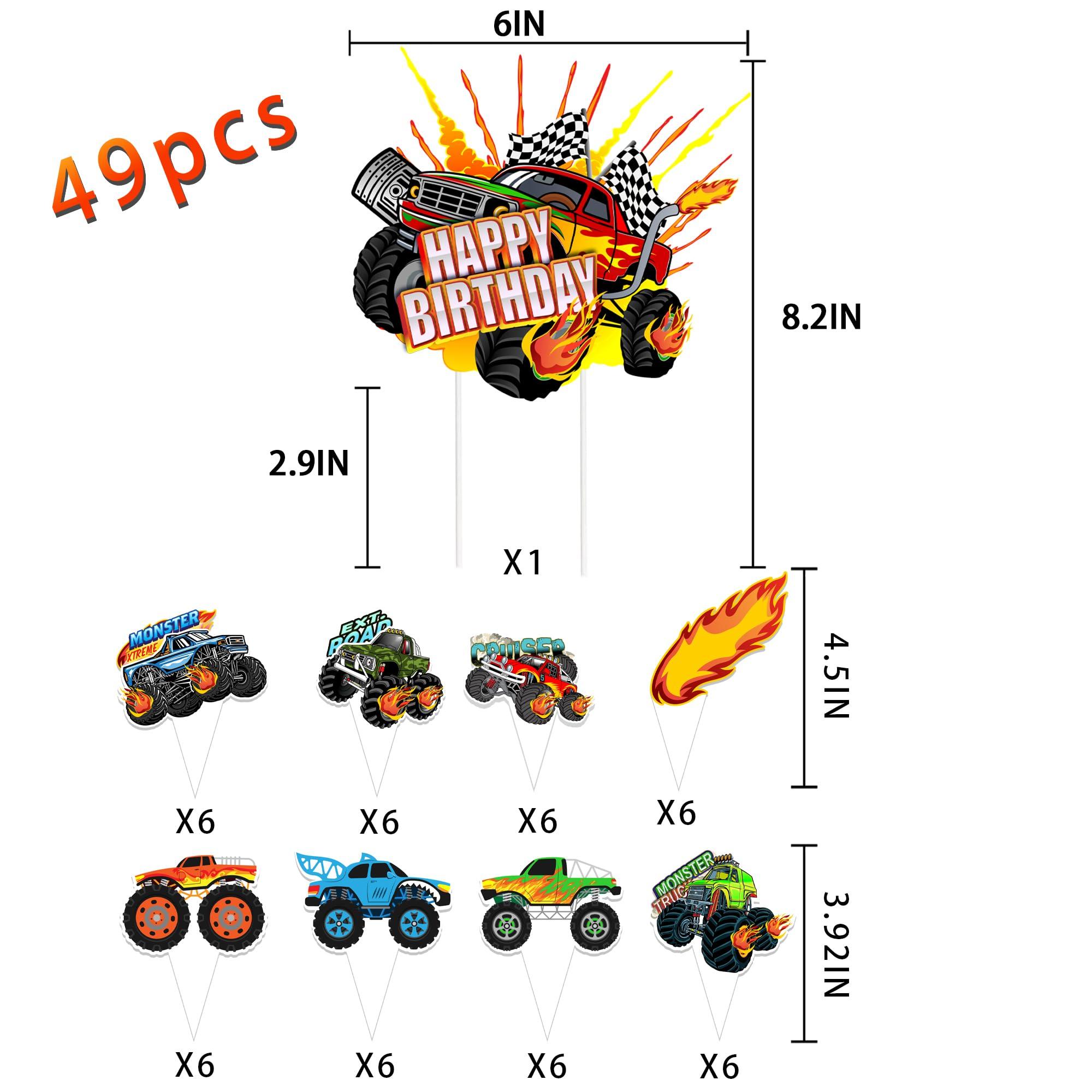 Haxpacal Haxpacal Truck Cake Topper, 49pcs Monster Car Theme Birthday Party Supplies, Red, Green, Blue Cake Decorations for Kids Birthday, Baby Shower Party Decorations