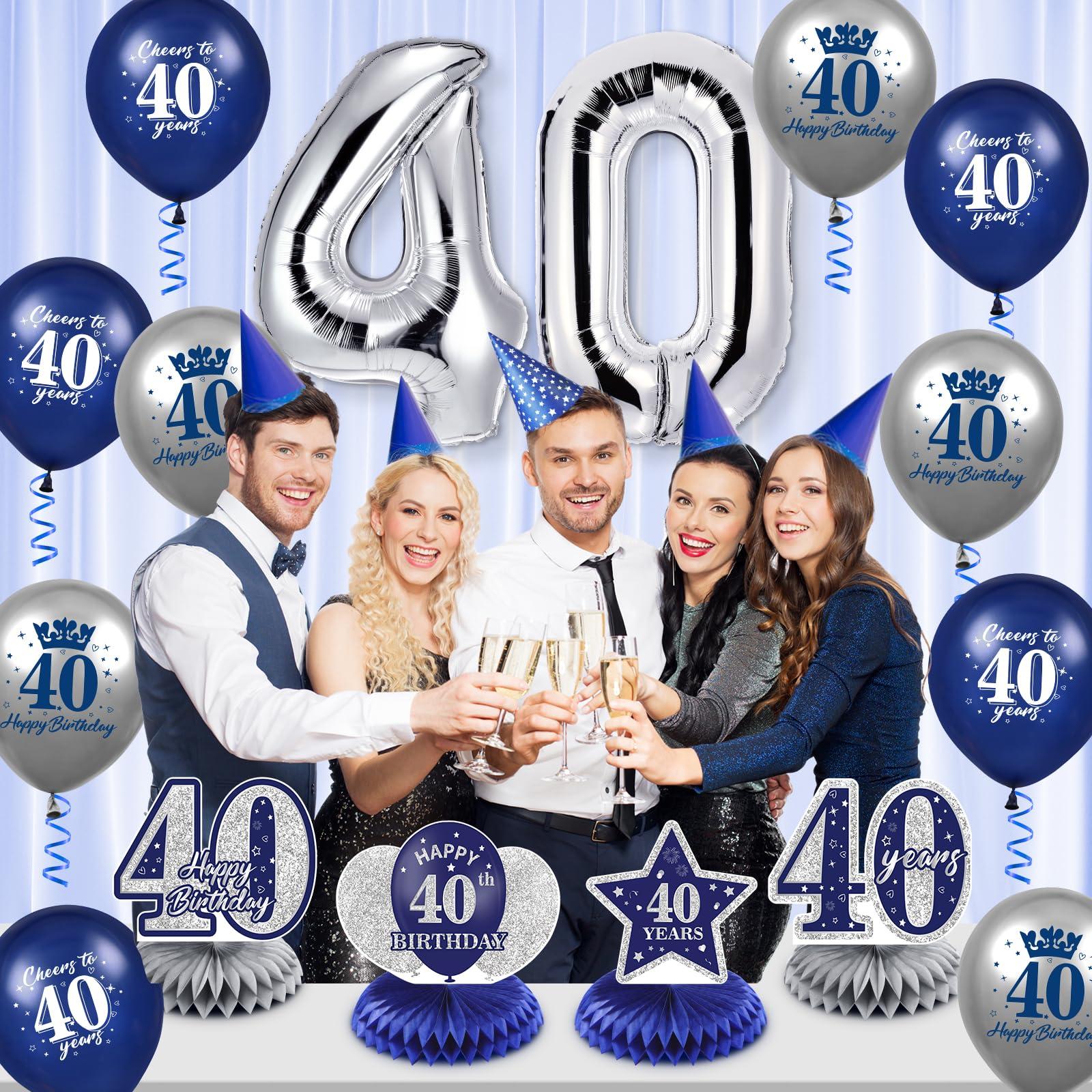 RUMIA Blue 40th Birthday Decorations for Men Women, 47Pcs Navy Blue Silver Happy 40th Birthday Banner Balloons Honeycomb Centerpiece Hanging Swirls Kit for Cheer to 40 Years Birthday Party Supplies Decor