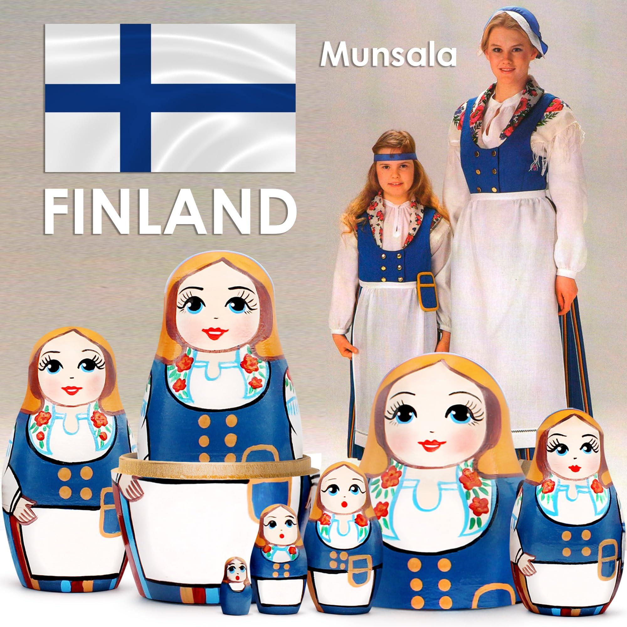 AEVVV AEVVV Russian Matryoshka Dolls Set of 7 pcs - Nesting Dolls in Finnish Folk Costume Munsala - Hand Painted Baboushka Nesting Dolls in Scandinavian Dress