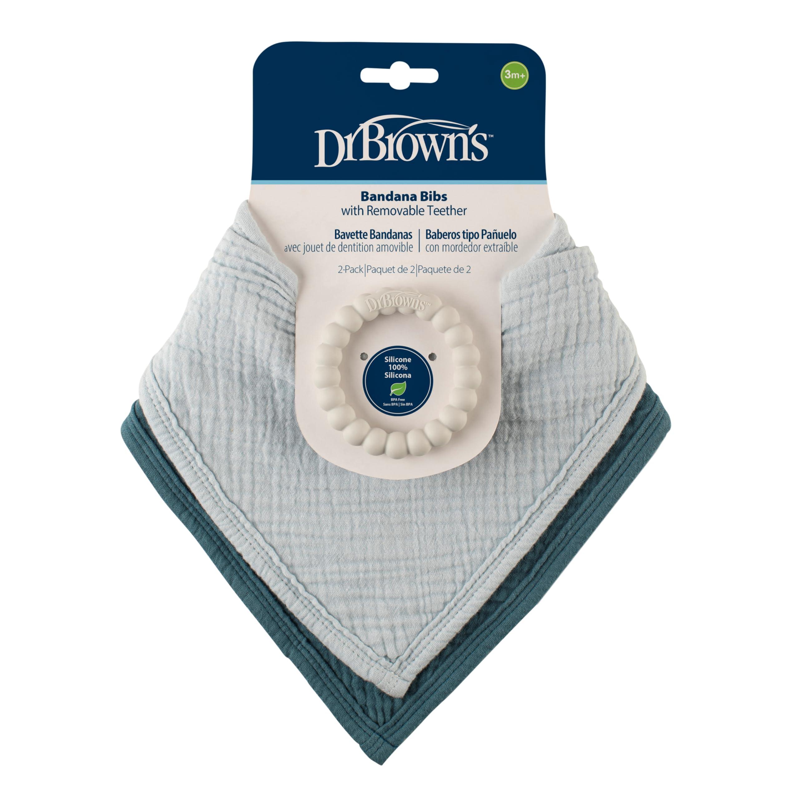 Dr. Brown\'s Dr. Brown's Muslin Bandana Bibs with Snap-On Removable Beaded Teether, Cotton Baby Bib for Teething & Drooling, Light Blue/Teal, 3m+, 2 Pack