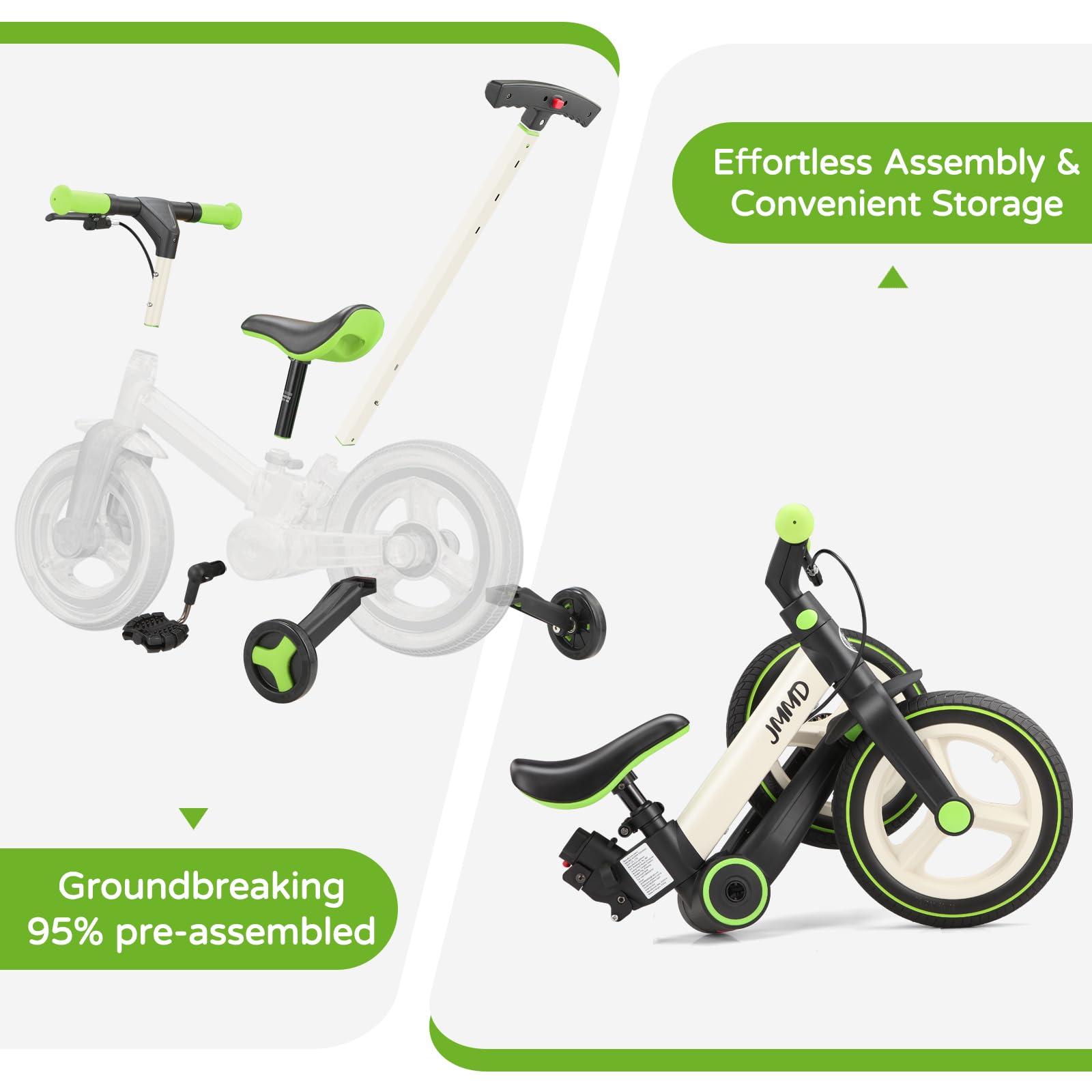 JMMD JMMD Toddler Bike with Push Handle for Kids 18-60 Months, 6 in 1 Foldable Push Bike with Training Wheels, Pedals, Brakes, Kickstand, Kid Balance Bike Gift & Toys for Boy & Girl, Green