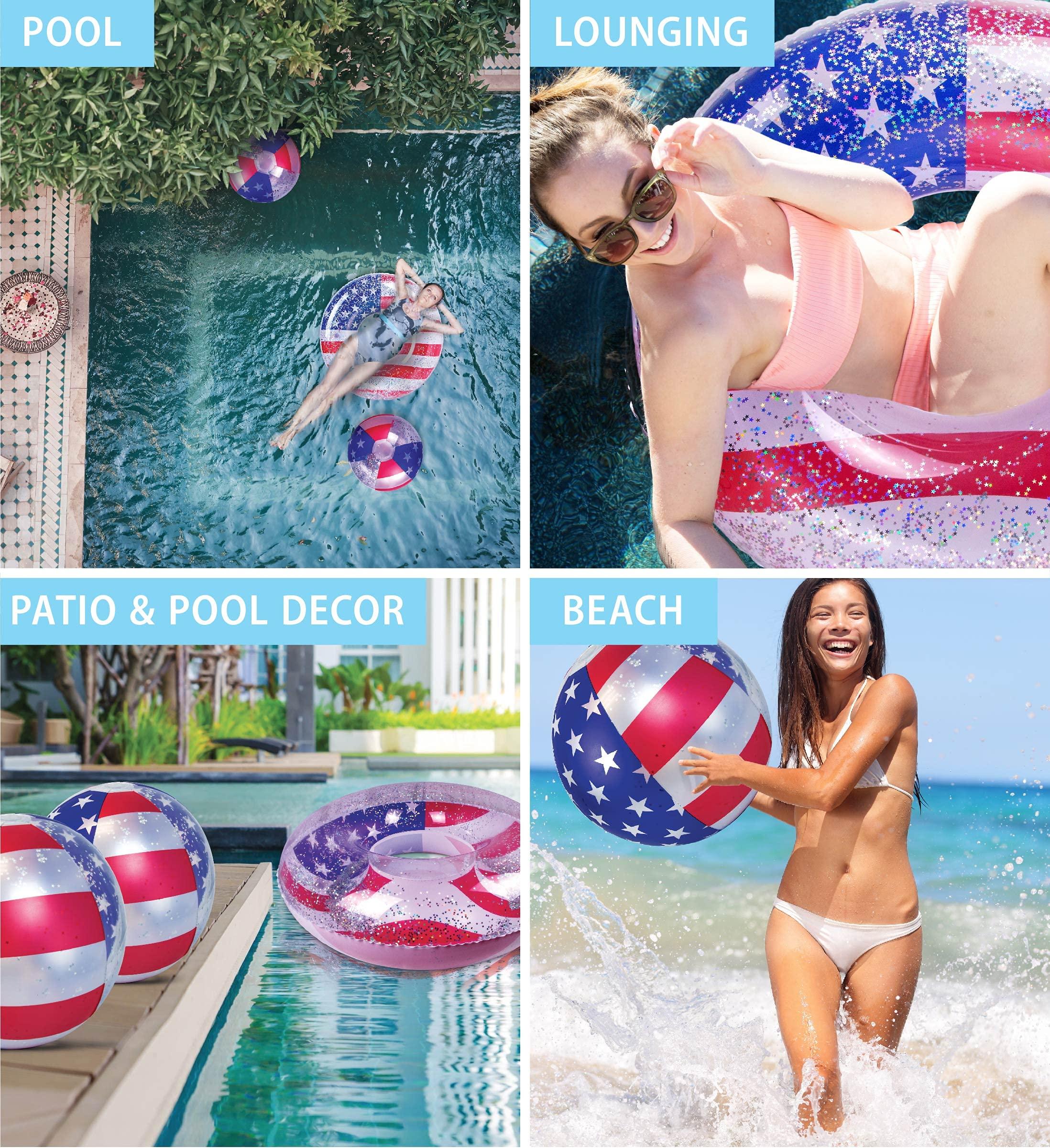 POZA POZA Inflatable USA Pool Float Tube and Beach Balls - Luxurious American Flag Design with Sparkly Silver Stars Confetti Pool Float and Inflatable Beach Balls, Water Inflatables for Pool, Beach, Lake