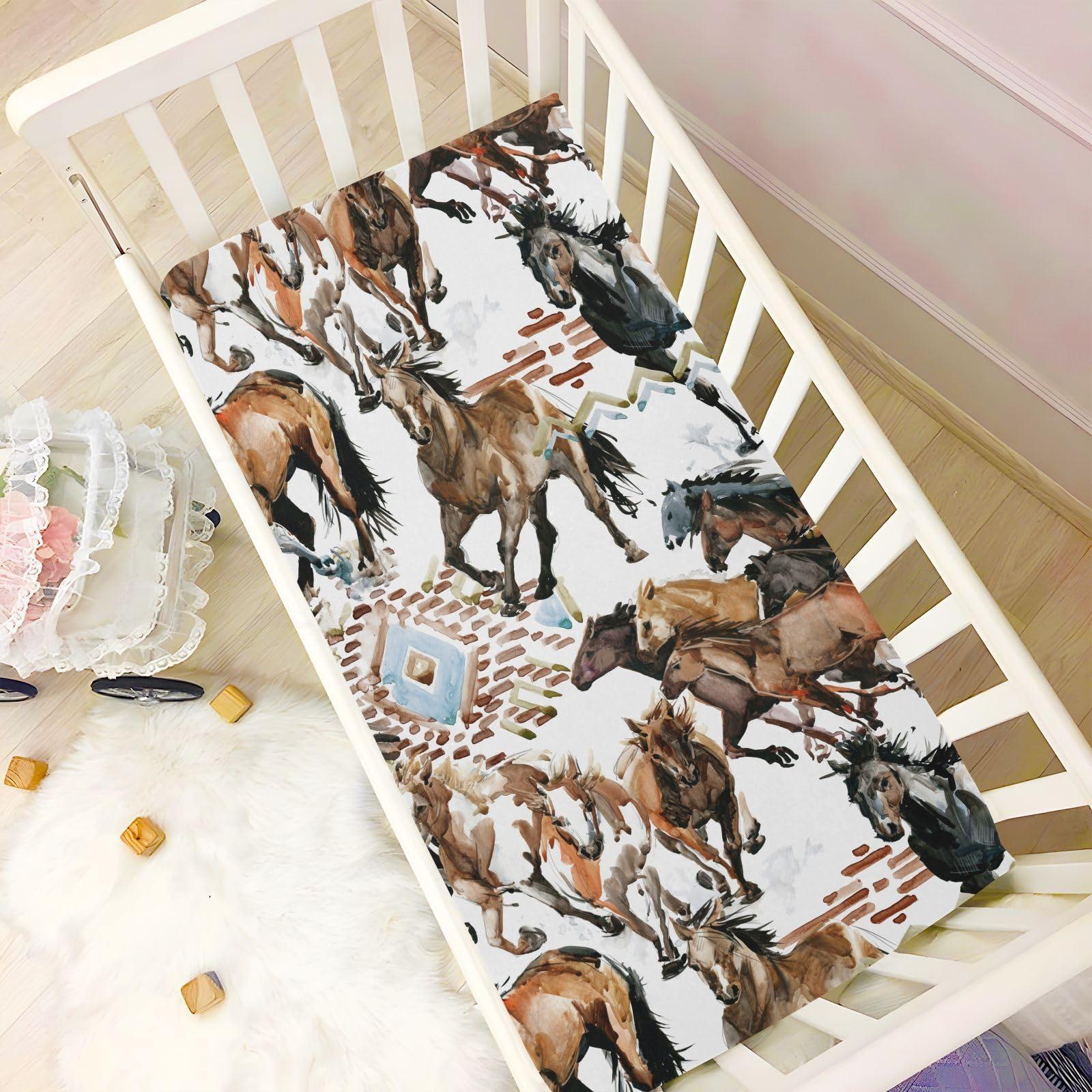 CaTaKu CaTaKu Crib Sheets for Boys Runing Horses Western Fitted Baby Sheets for Mini Crib, Nursery Mattress Sheets Toddler Bed Sheets for Baby Boys 27"x 39"