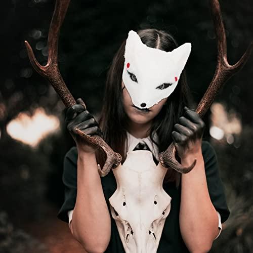 Amosfun Kitsune Fox Furry Masks Half Face Cosplay Masks Animal Costume Japanese Party Assecories for Cosplay Costume Masquerade Drama Halloween White
