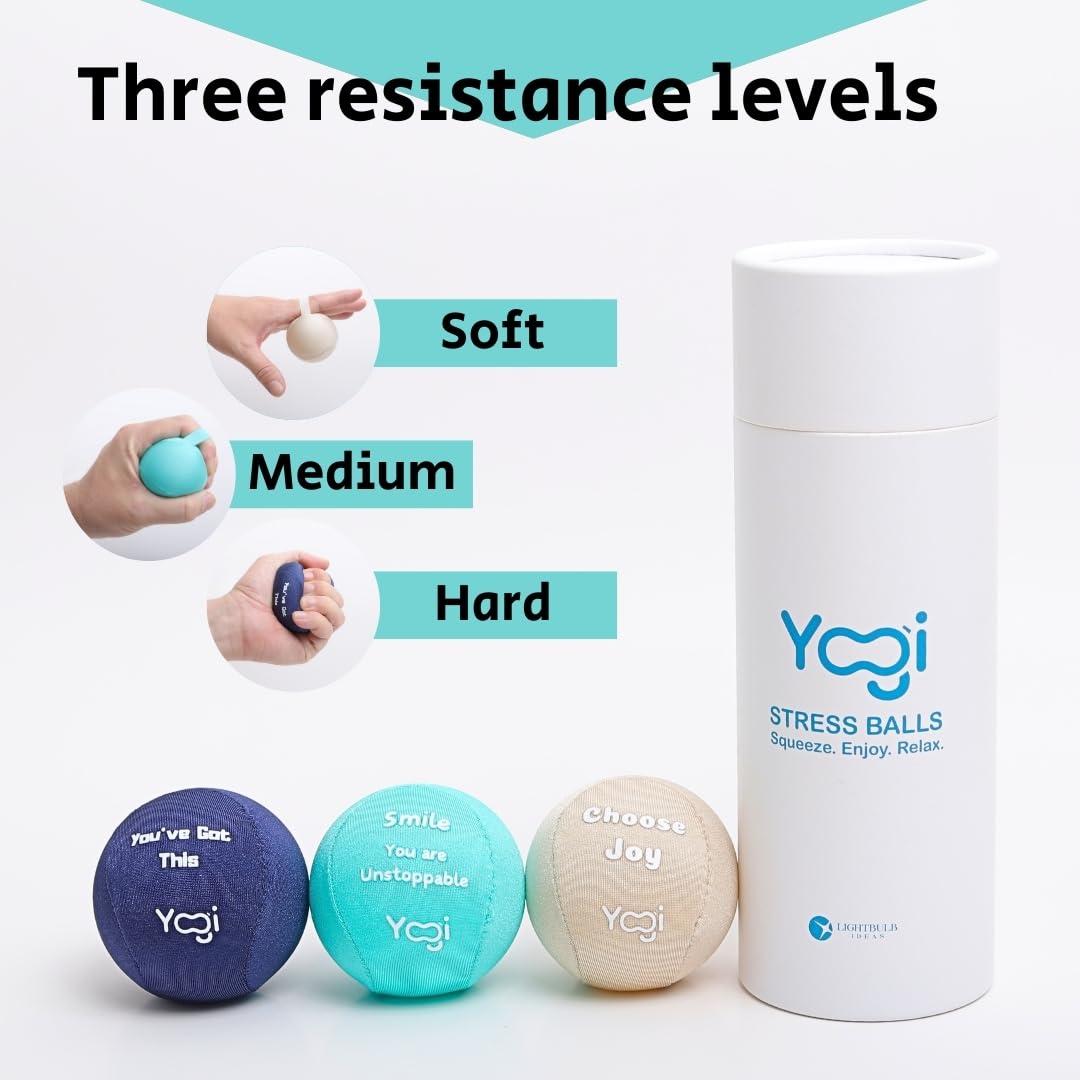 LIGHTBULB IDEAS Yogi Stress Balls - Stress Ball with Finger Grip Strap, Stress Balls for Adults and Kids, Grip Strength Trainer Squeeze Balls, Anxiety Stress Relief, Fidget Handball, Squish Ball