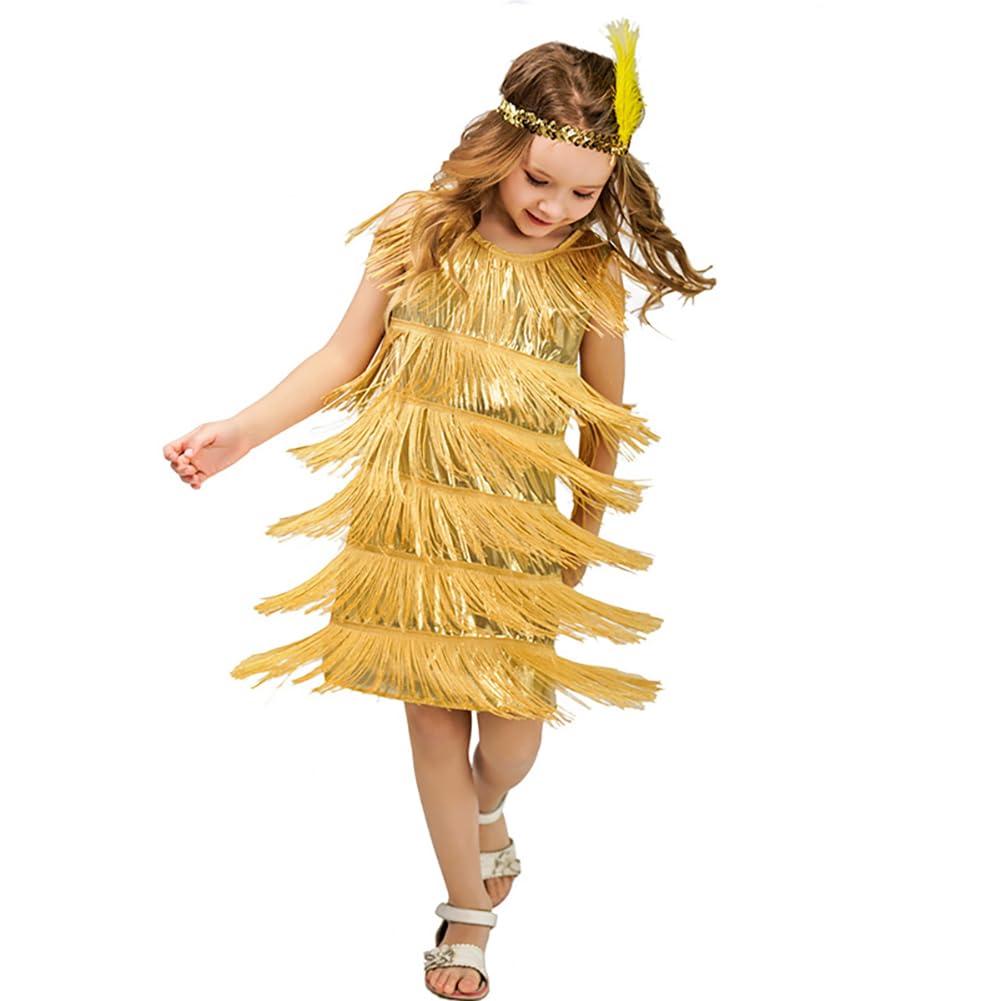 ODOLDI 1920s Flapper Dress for Girls Gold Flapper Dresses 1920s Gatsby Sequin Fringe Dresses with Feather Headband Roaring 20s Flapper Costumes for Kids Latin Dance Dress Gold 4-6 Years