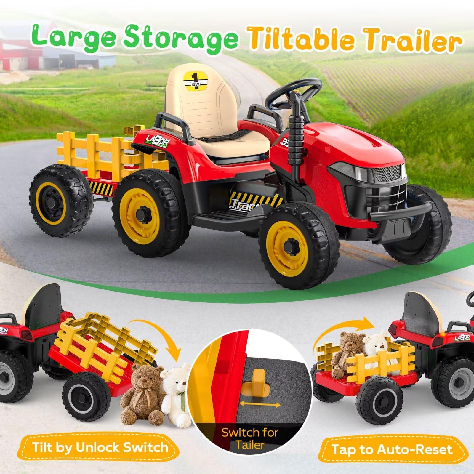 ANPABO ANPABO 24V Ride On Tractor w/Tiltable & Detachable Trailer, EVA Tires, Up to 4.3Mph, Ride On Toys with Parental Remote, Realistic Tractor Sound & Chimney, Music Player, LED Light, Red