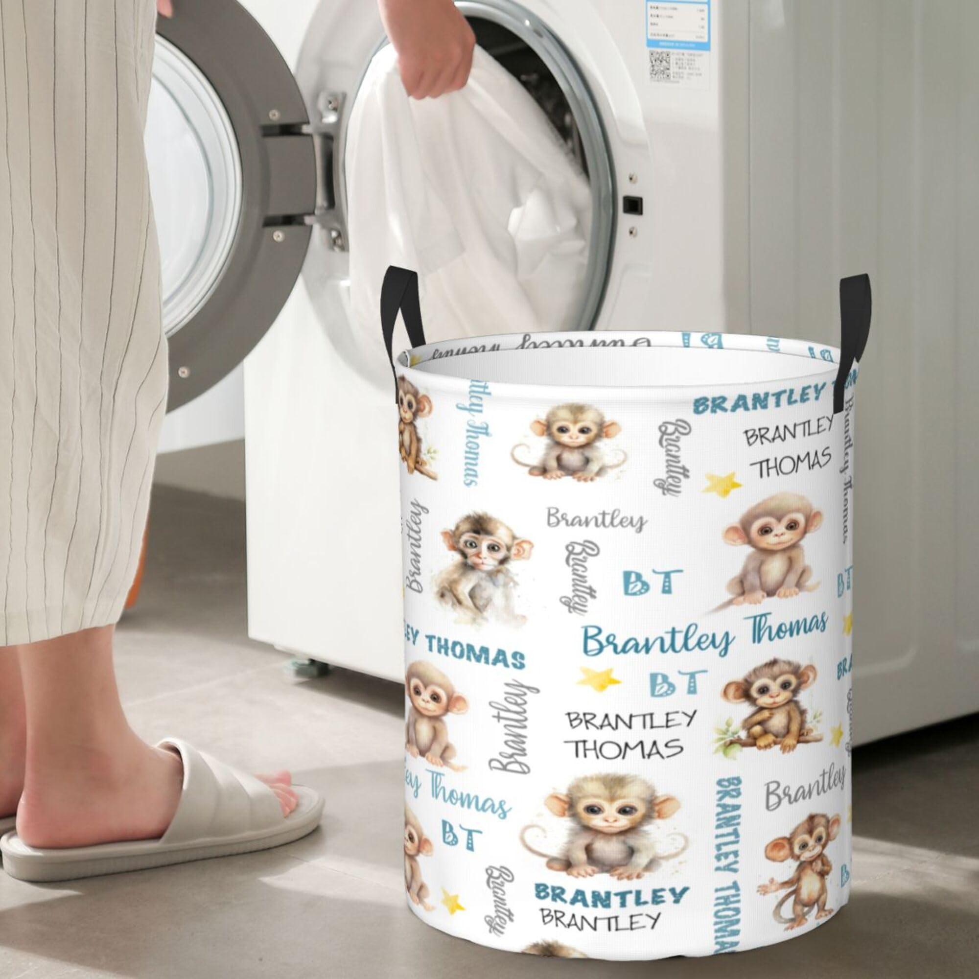 Novusopt Monkey Nursery Decor Name Baby Hampers Personalized Baby Bin Clothes Hamper Custom Laundry Basket Hamper Kids Organizers Collapsible Hamper for Boy Girl Baby Gift Baskets