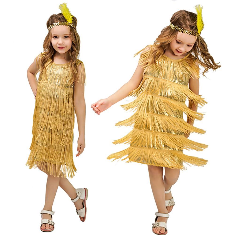 ODOLDI 1920s Flapper Dress for Girls Gold Flapper Dresses 1920s Gatsby Sequin Fringe Dresses with Feather Headband Roaring 20s Flapper Costumes for Kids Latin Dance Dress Gold 4-6 Years