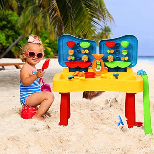 Costzon Costzon Kids Sand and Water Table, 2 in 1 Beach Play Activity Table with Cover, 27.5” x 14” x 28.5” Splash Water Table for Toddlers w/ 31 Pcs Accessories, Outdoor Indoor Beach Toy Set for Age 3+