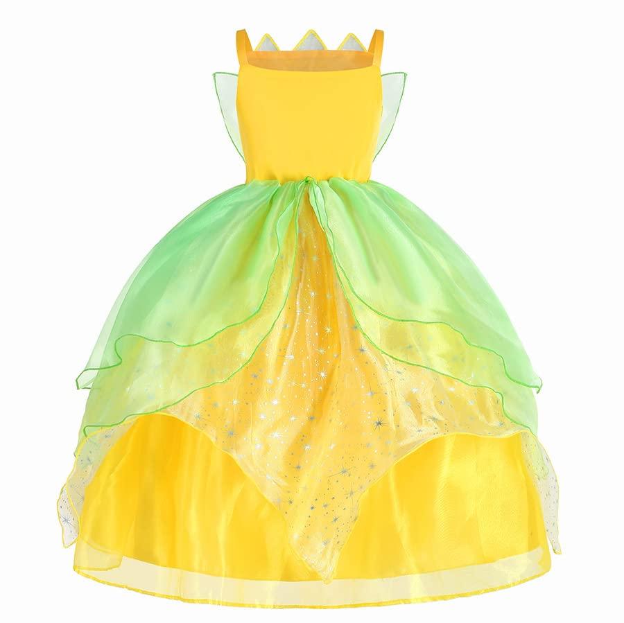 Milycoqi Princess Tiana Costume for Girls Birthday Party Halloween Outfit Costume Cosplay Dress up with Accessories for 3T