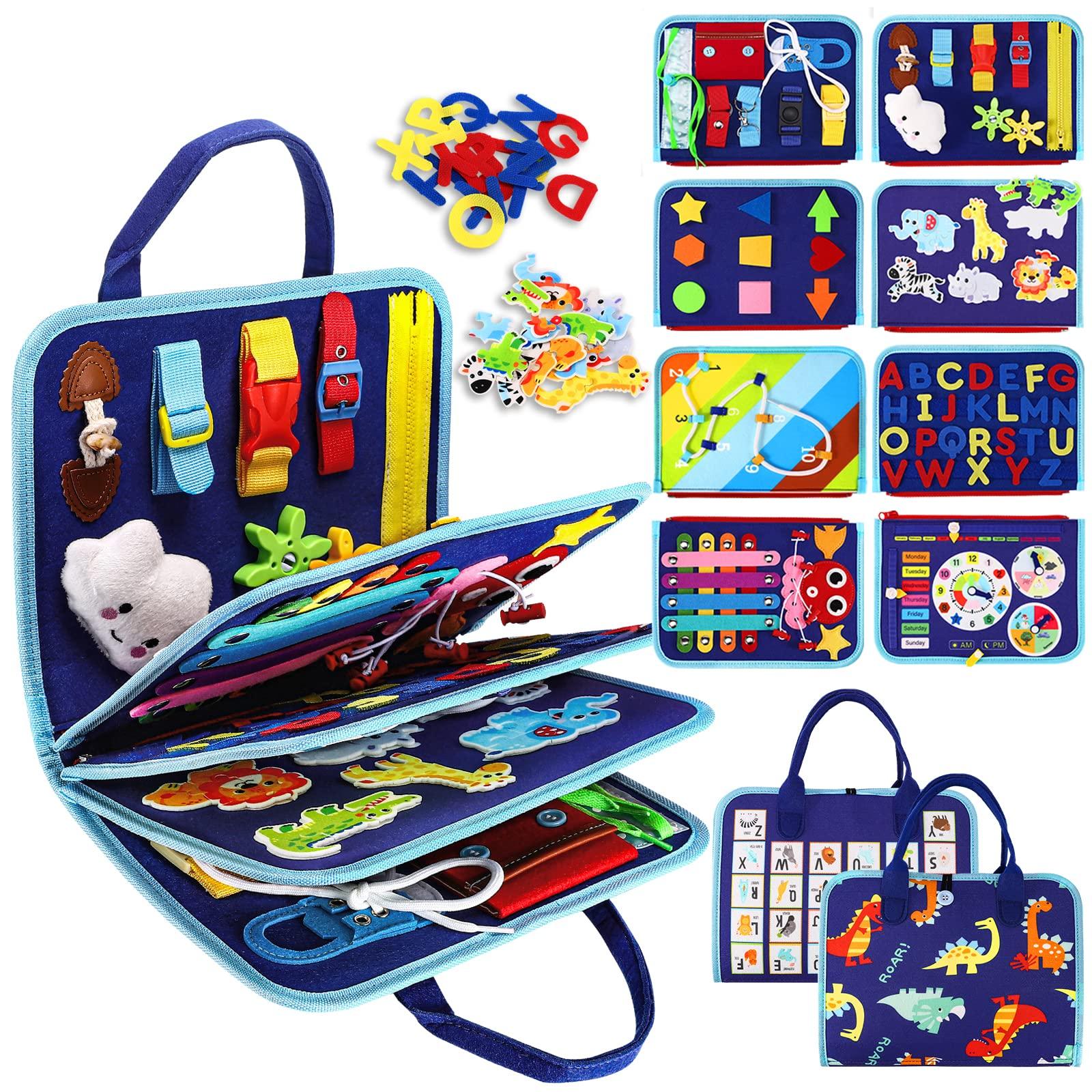 Esjay Esjay Toddler Busy Board Montessori Toys, Sensory Board Educational Activities for Learning Fine Motor Skills, Gifts for Girls Boys Toddlers, Travel Toys for Airplane Car,Blue Dinosaur