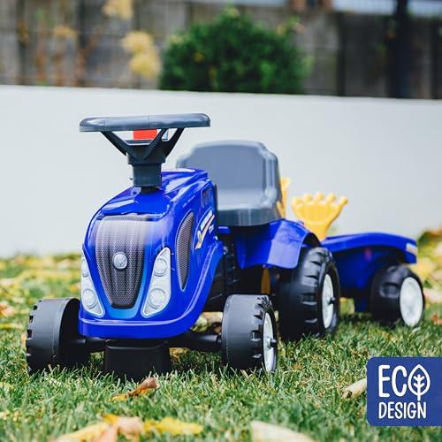 Falk Falk New Holland Tractor with Trailer, Rake and Shovel, 2 Sets of Stickers, Push Ride-On Toy for Toddlers +1 Year FA280C