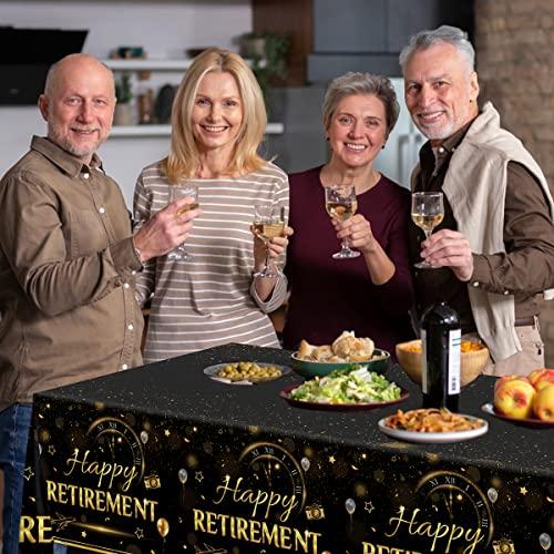 GREHUMOR GREHUMOR Happy Retirement Tablecloth 3Pcs-Retirement Party Decorations Black and Gold Tablecloth Plastic Rectangle Disposable Table Cover Rectangle Waterproof