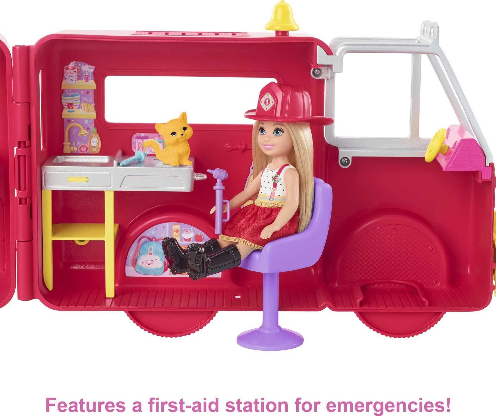 Barbie Barbie Chelsea Can Be Doll & Toy Fire Truck Playset with Blonde Small Doll, 2 Pets & 15+ Accessories, Open for Fire Station