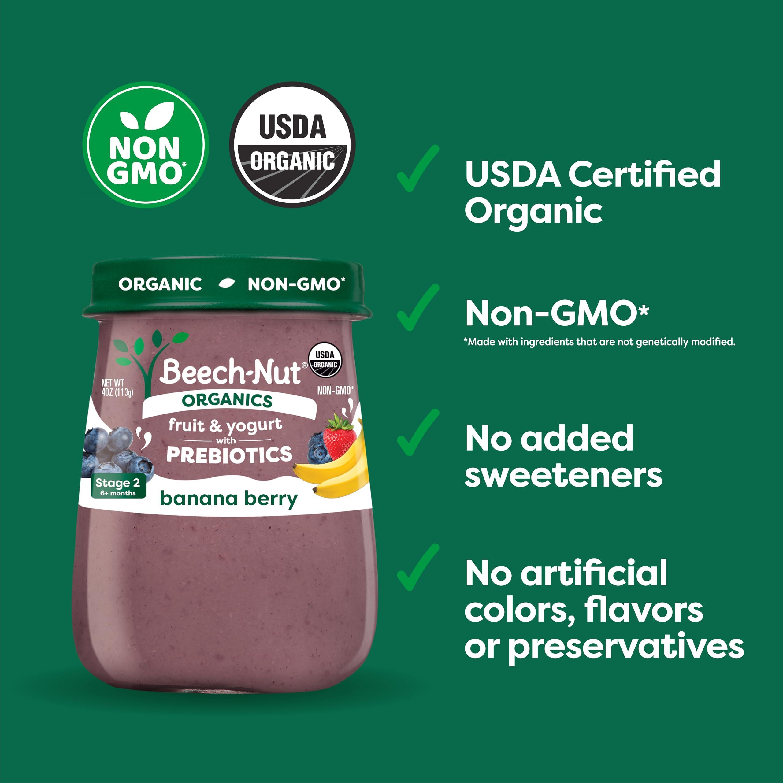 Beech-Nut Beech-Nut Organic Fruit & Yogurt Baby Food Jars with Prebiotics, Organic Banana Berry & Yogurt Puree, Stage 2 Baby Food for Babies 6 Months and Up, Non-GMO, 4oz Glass Jars, 10ct