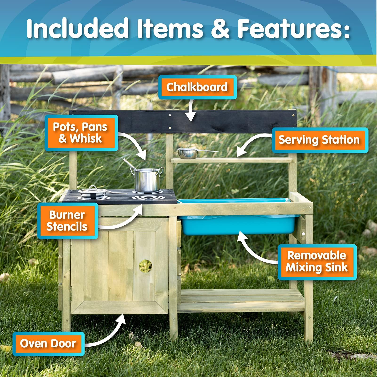 TP TP Toys Mud Play Kitchen For Kids - Indoor, Outdoor Wooden Toy Toddler Kitchen Playset with Accessories, Durable, Weatherproof, Removable Sink, Chalkboard, Wood Burner Stencils, Easy Assembly, Ages 3+