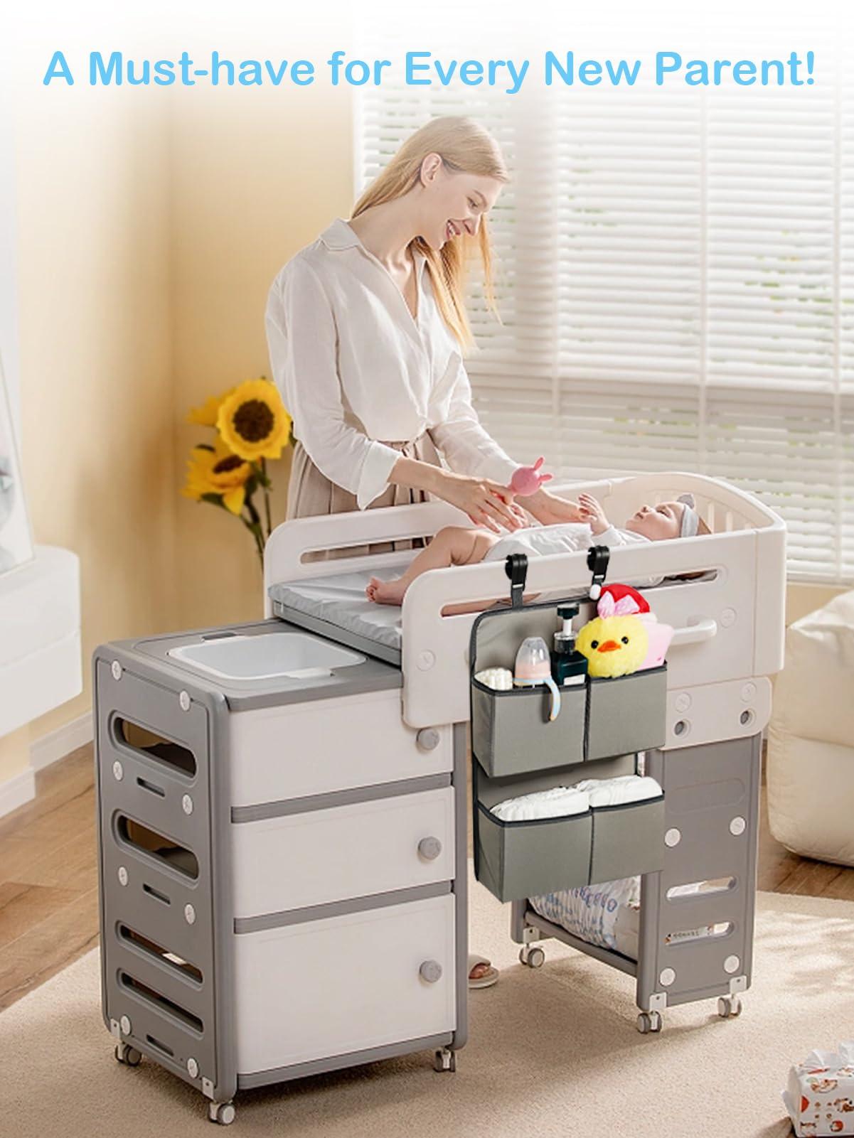 KIKJOK KIKJOK Hanging Diaper Organizer for Crib/Playpen/Bassinet Hold 80+ Diapers - 4 Deep Pockets-H19in x L15 in Changing Table Diaper Holder - Hanging Diaper Stacker Nursery Caddy Organizer - Grey