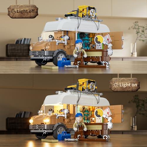 FUNWHOLE FUNWHOLE Carpentry Van Lighting Building-Bricks Set - Farm Woodworker Car Collectible Display Set 496 Pcs for Adults and Teen