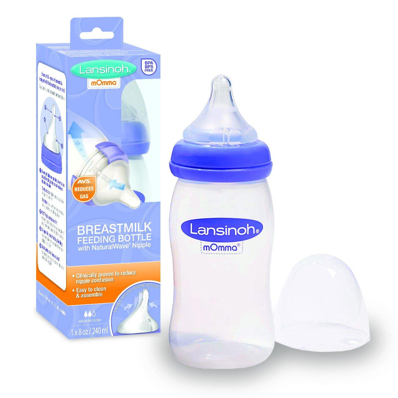 Lansinoh Lansinoh Momma Breastmilk Feeding Bottle with NaturalWave Nipple, 1 Count, 8 Ounce, Medium Flow Nipple, Soft Silicone Nipple, Collapse Resistant, Anti-Colic, BPS and BPA Free