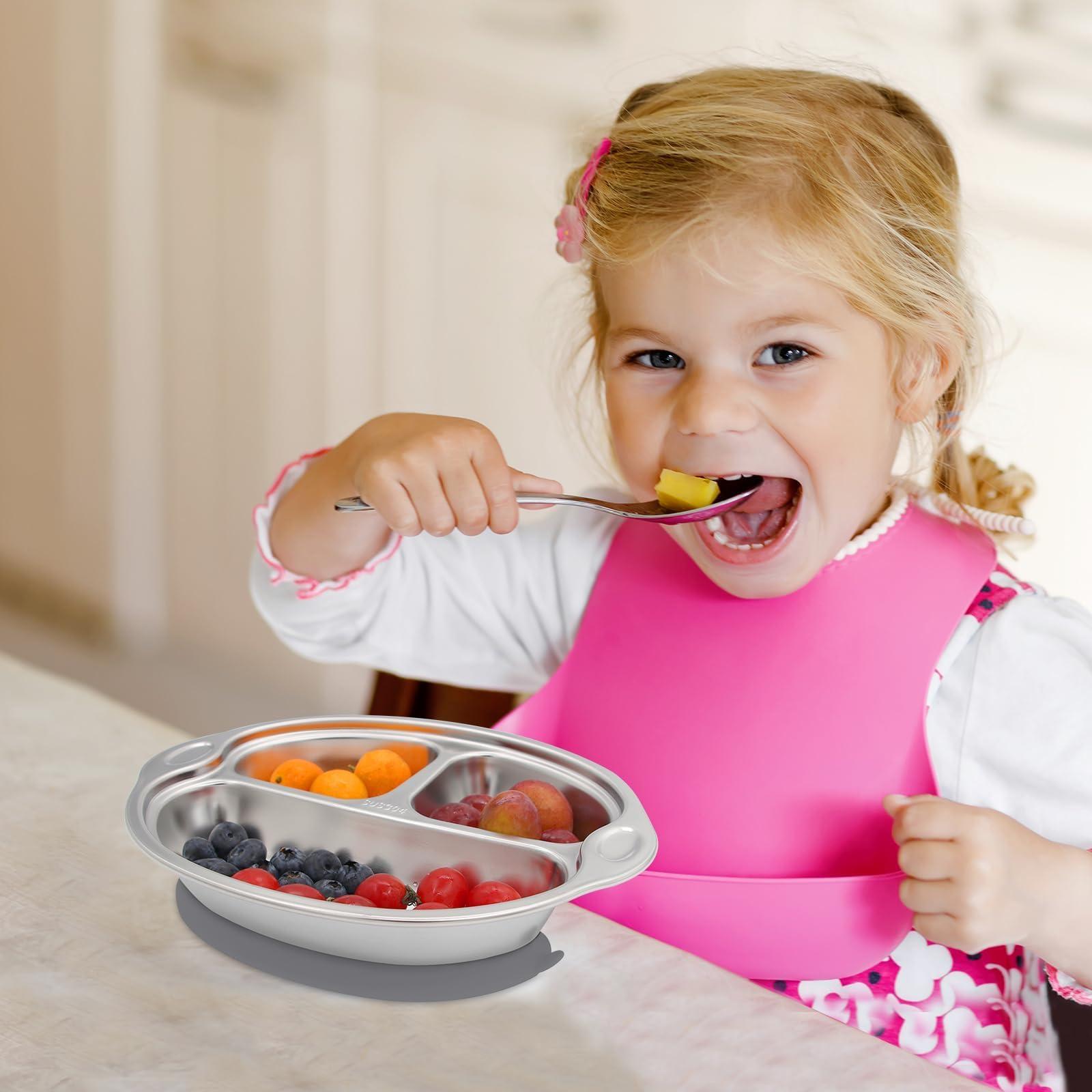 Mrs. Chou Stainless Steel Baby Suction Plates: Divided Plates Designed for Babies and Toddlers, Made of 100% Food-Grade Materials Ideal for Baby-Led Weaning BPA-Free Toddler Feeding Dishwasher Safe Gray