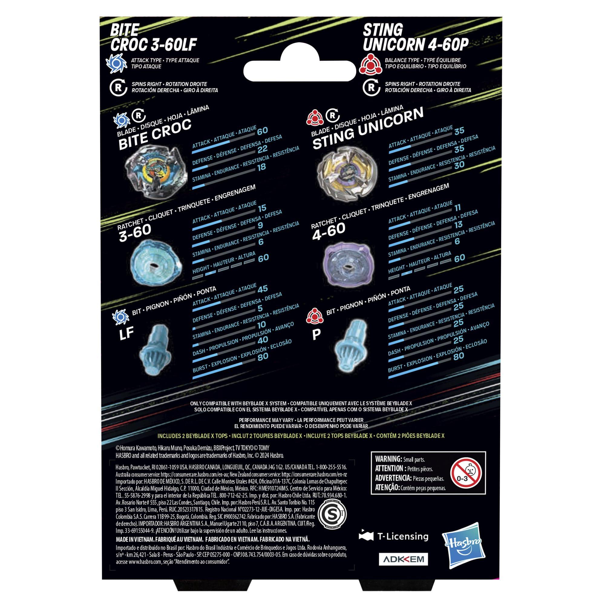 Beyblade Beyblade X Bite Croc 3-60LF and Sting Unicorn 4-60P Dual Pack Set with 2 Right-Spinning Tops; Battling Top Toys for 8 Year Old Boys and Girls