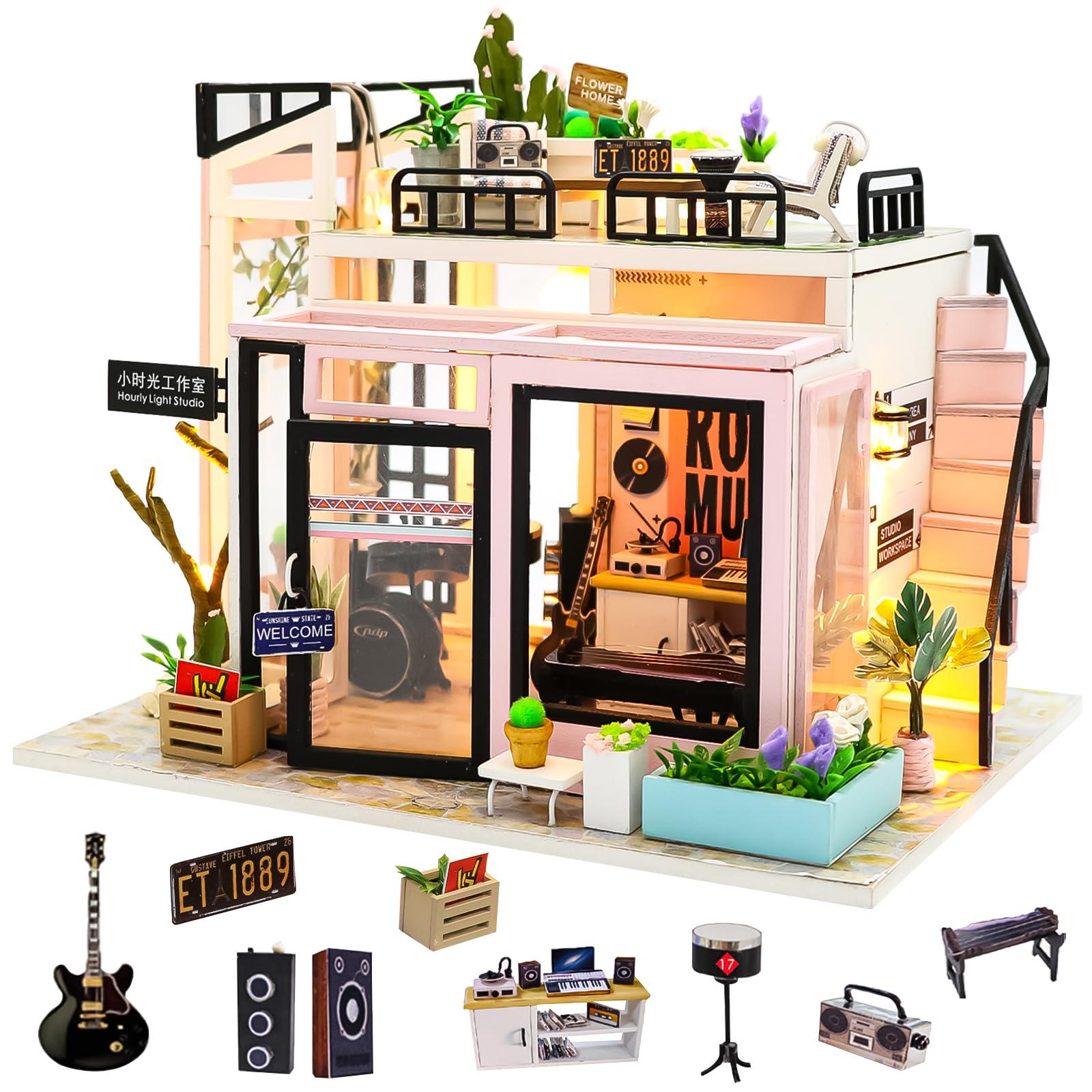 SPILAY Spilay DIY Miniature Dollhouse Kit with Wooden Furniture,DIY Dollhouse Kit with Dust Proof and Music Movement,1:24 Scale Creative Room for Romantic Valentine's Gift(Time Studio)
